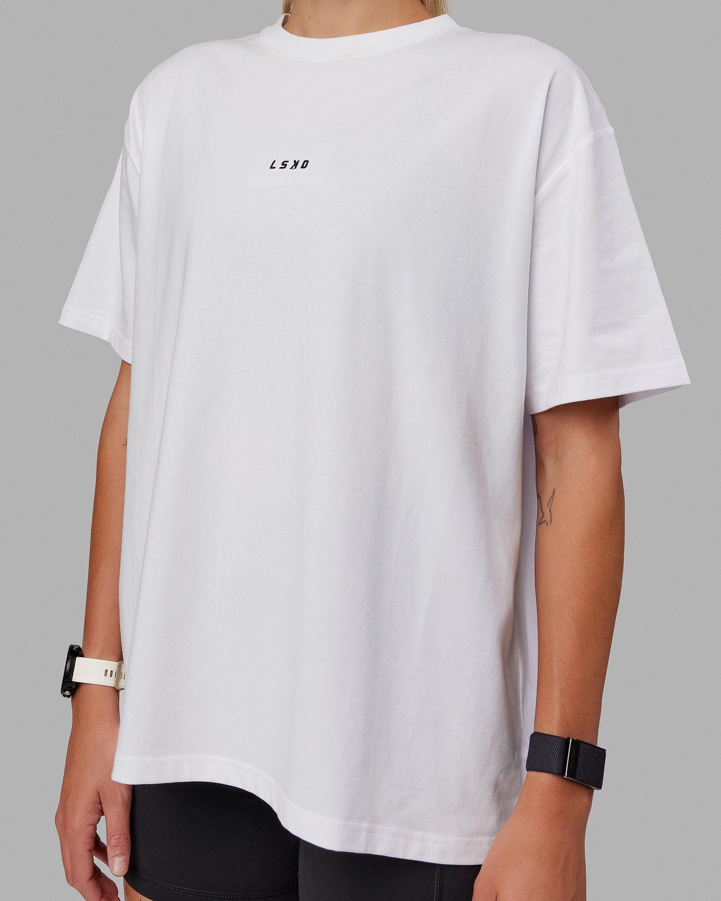 Woman wearing Go-To FLXCotton Oversized Tee - White-Black