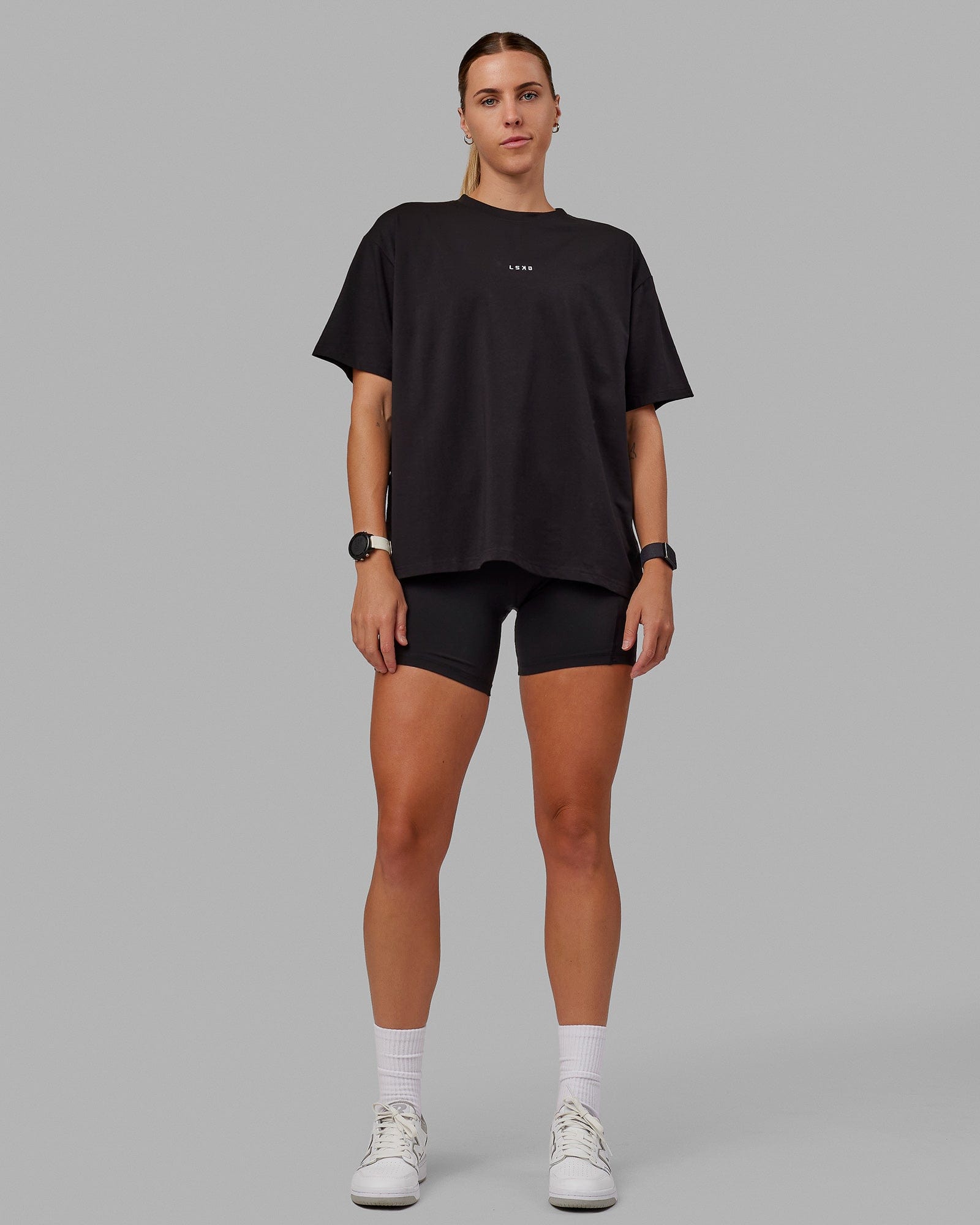 Woman wearing Go-To FLXCotton Oversized Tee - Black-White