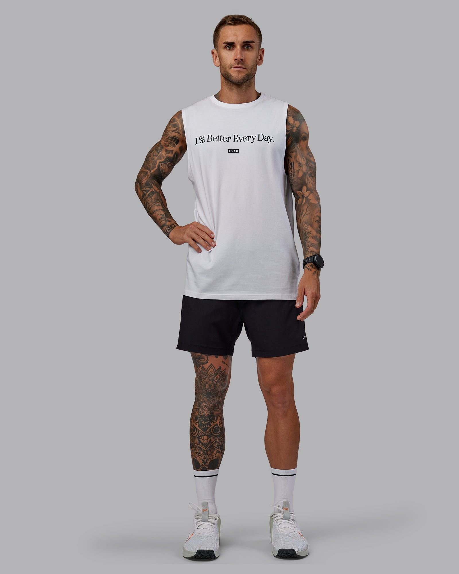 Man wearing Rep 5" Lined Performance Shorts in Black | Size:S