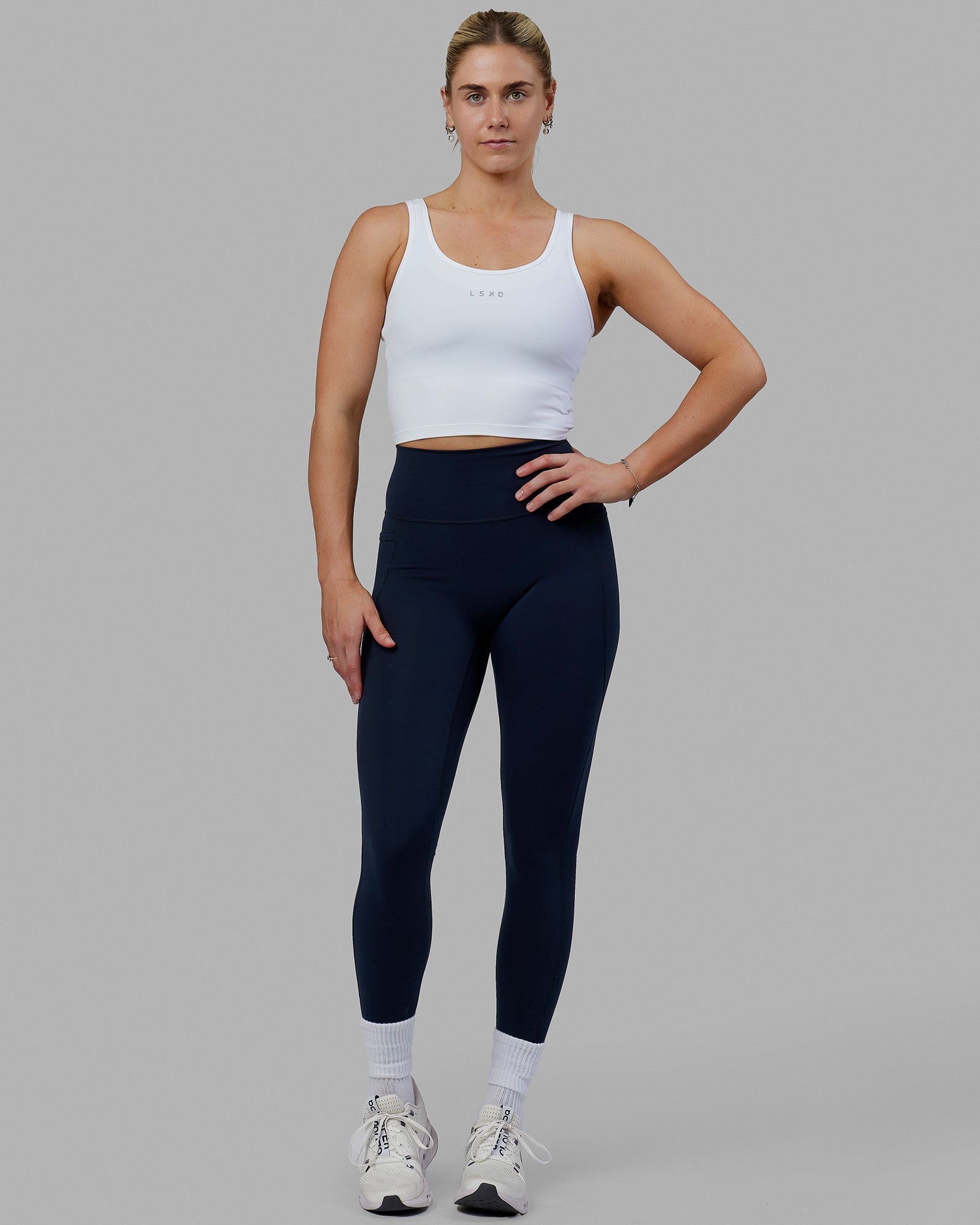 Woman wearing Staple Active Cropped Tank - White