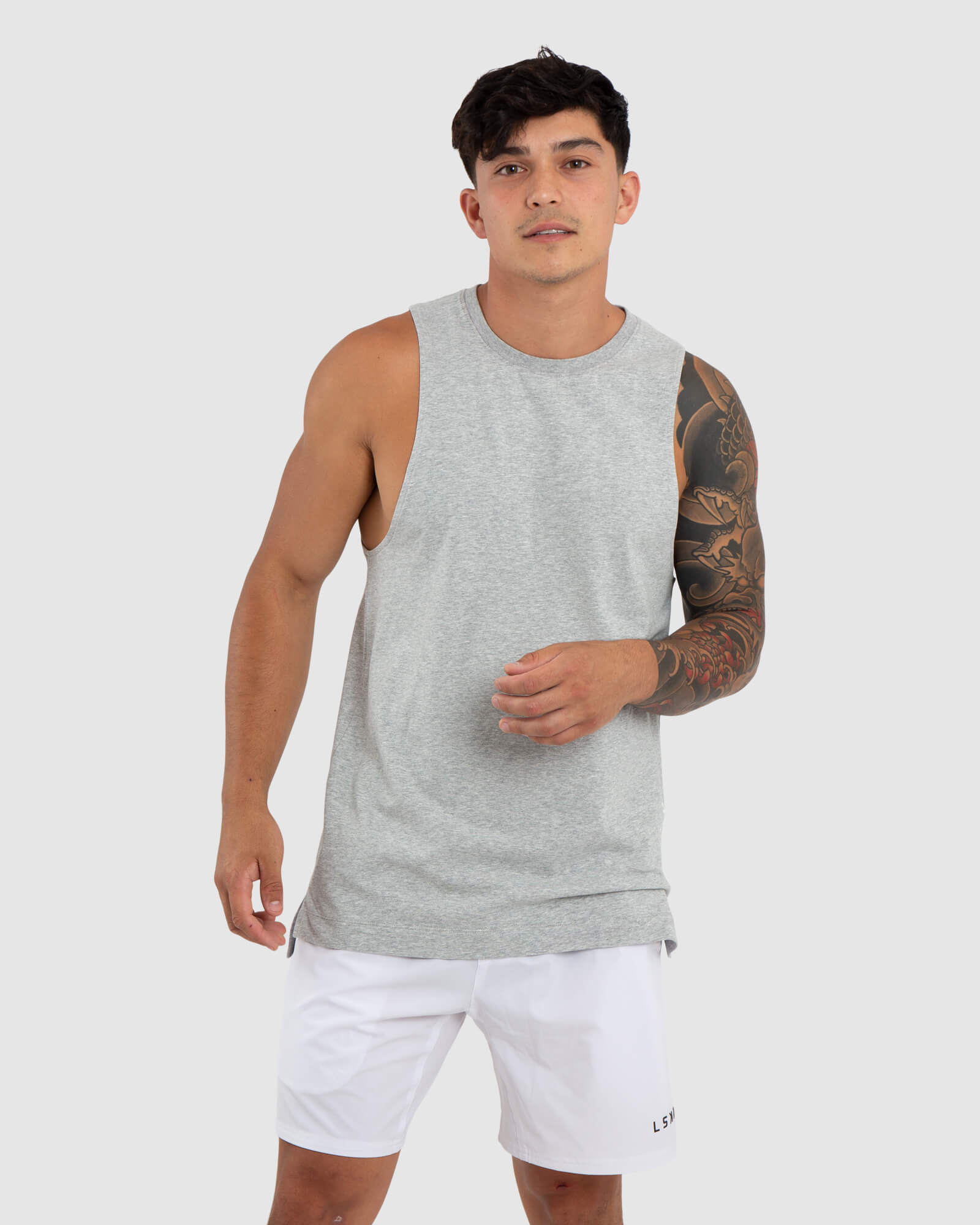 Model wearing Vitality Tank - Lt Grey Marl