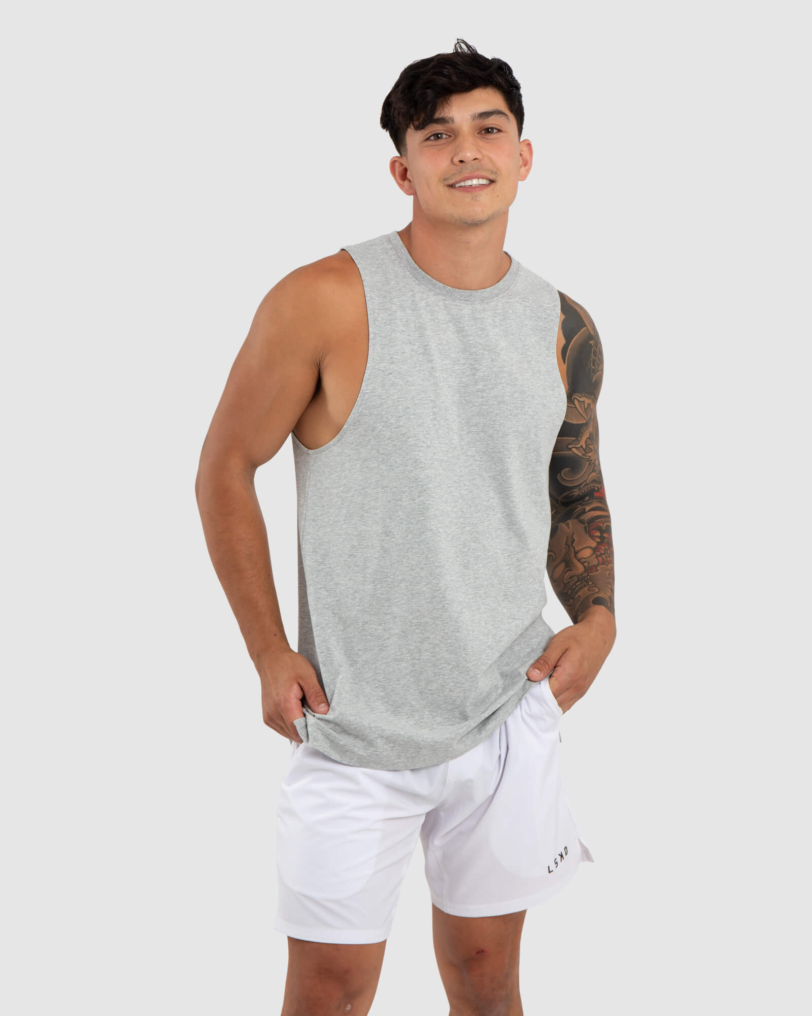 Model wearing Vitality Tank - Lt Grey Marl