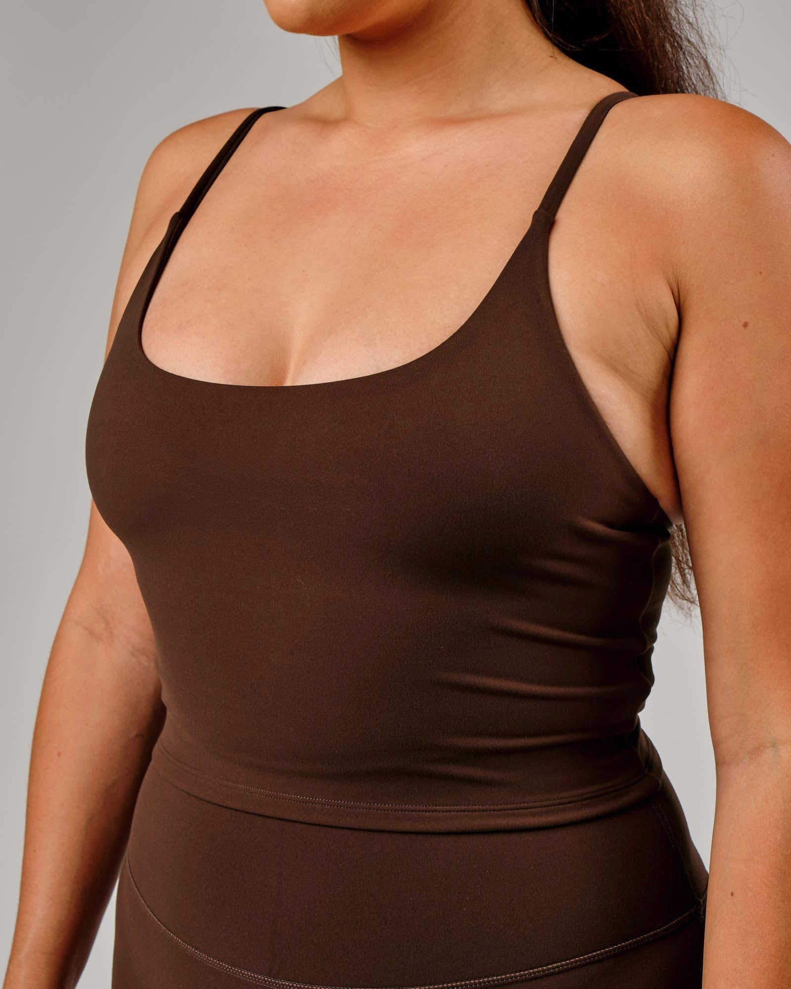 Model wearing Elixir Active Tank - Chocolate