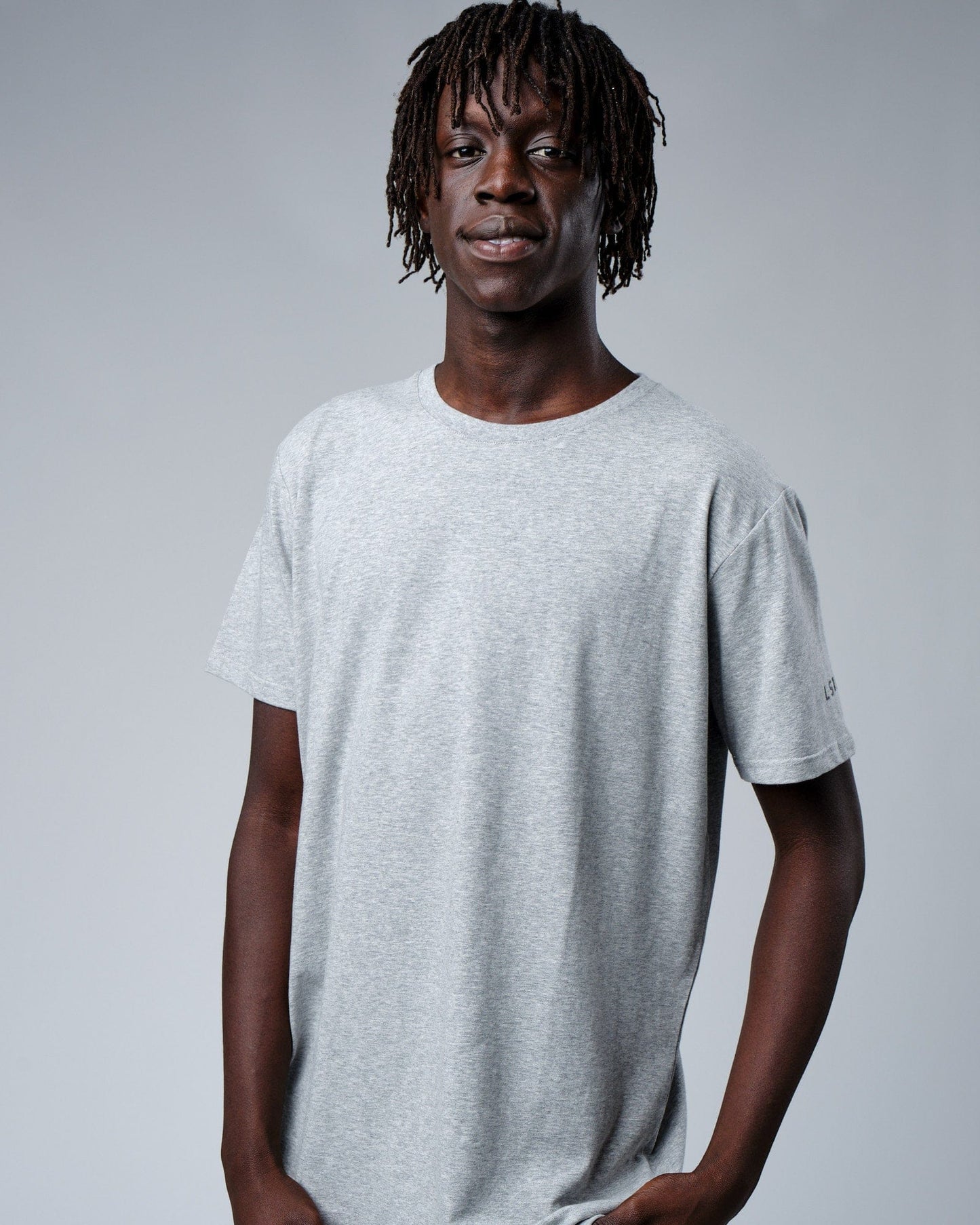 Model wearing Rival FLXCotton Training Fit Tee - Lt Grey Marl
