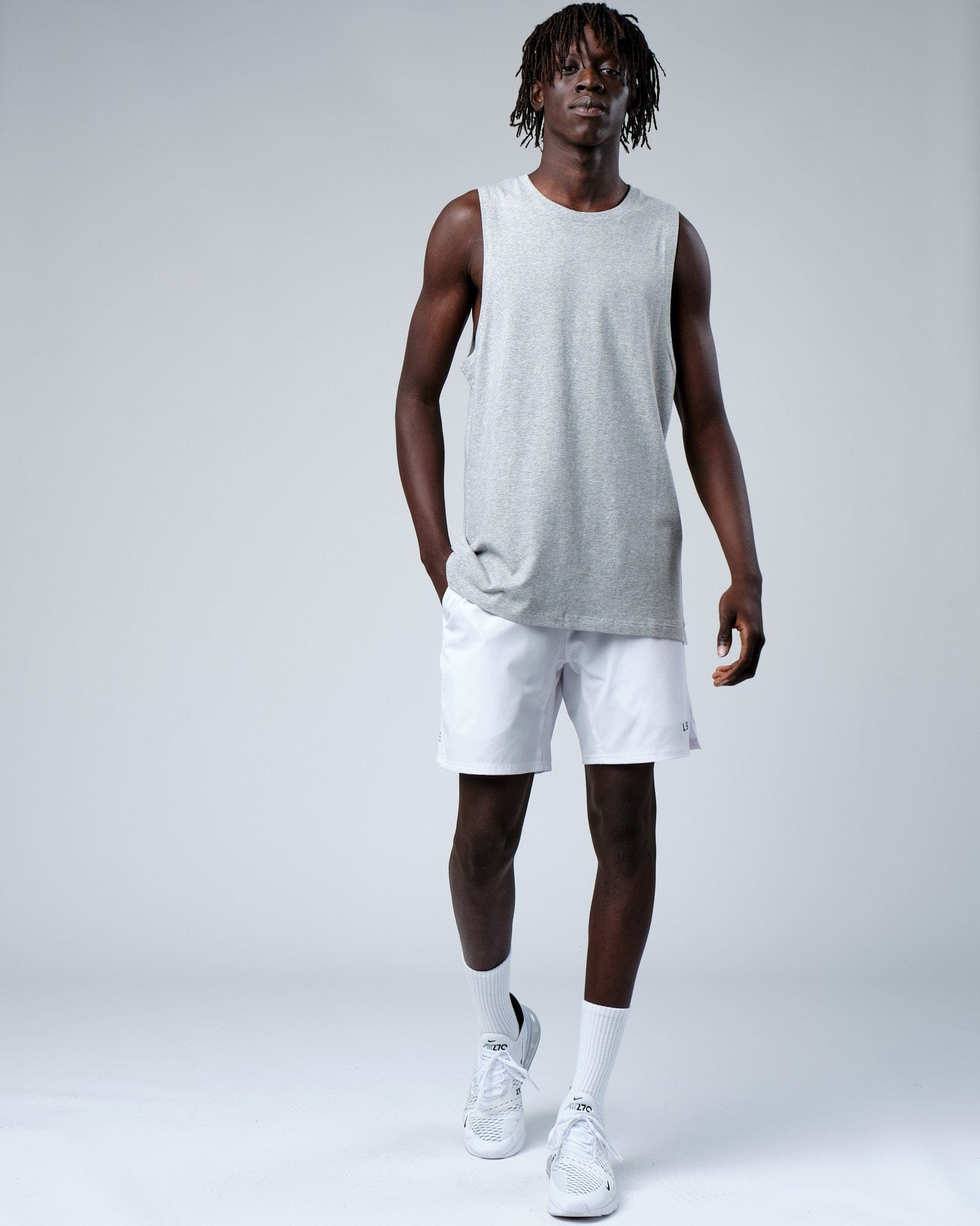 Model wearing Rival FLXCotton Training Fit Tank - Lt Grey Marl