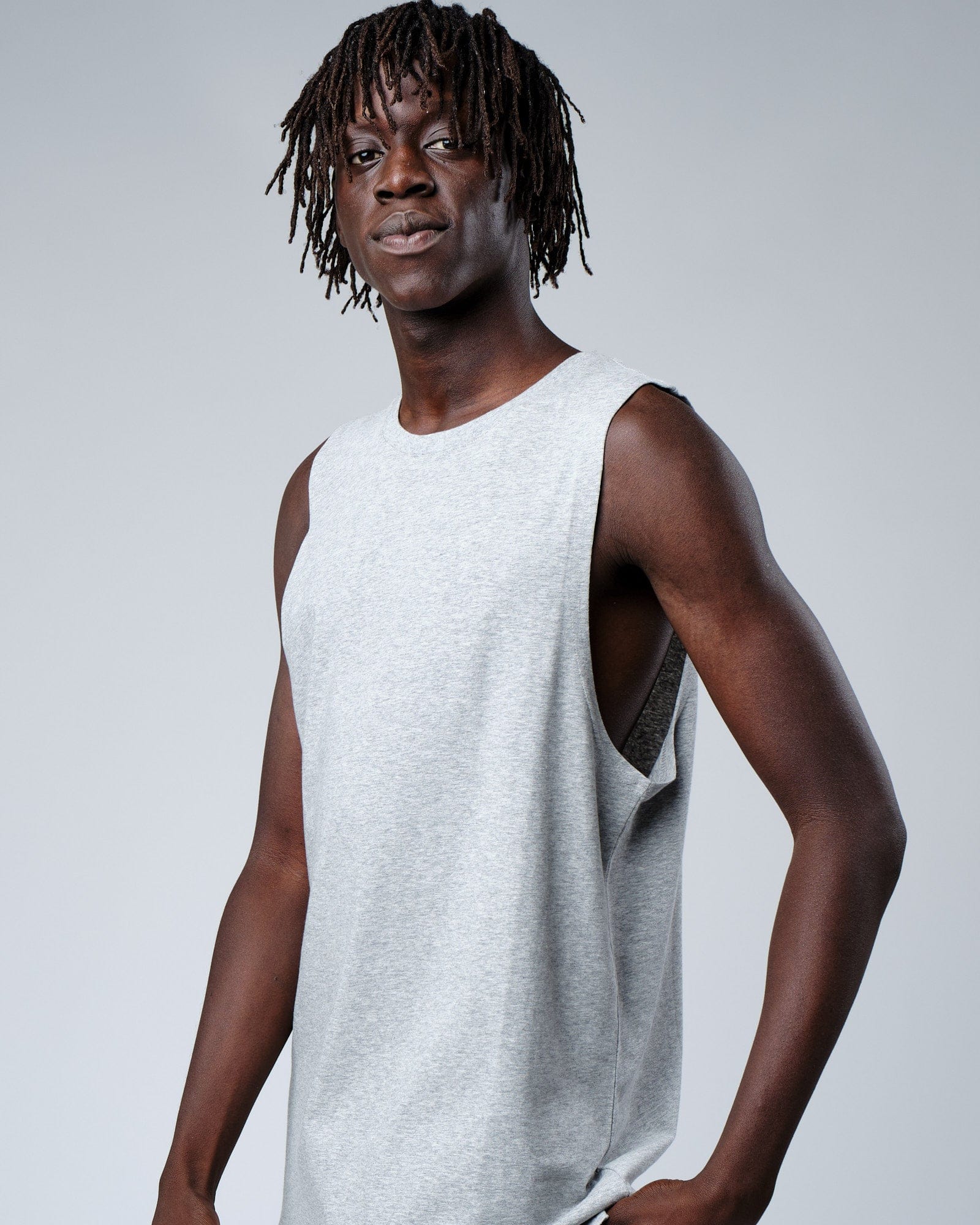Model wearing Rival FLXCotton Training Fit Tank - Lt Grey Marl