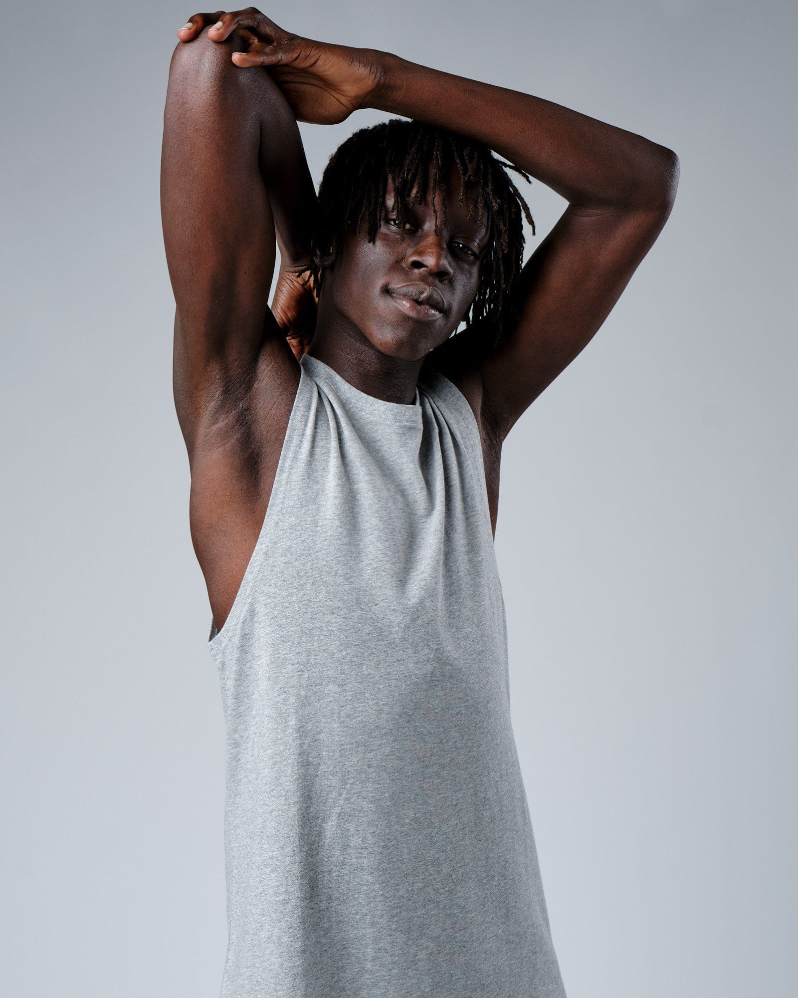 Model wearing Rival FLXCotton Training Fit Tank - Lt Grey Marl