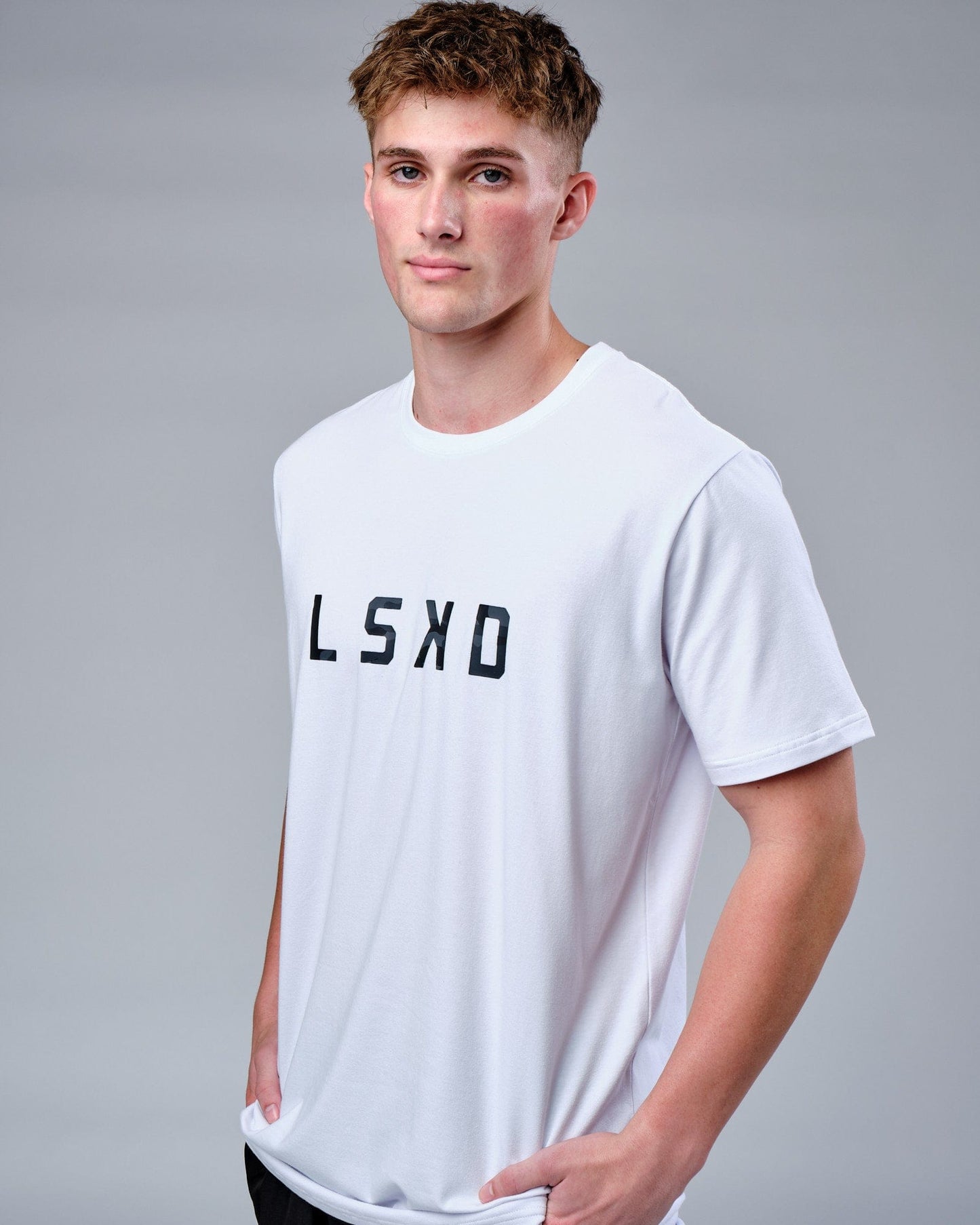 Model wearing Rep FLXCotton Tee - White-Black Camo