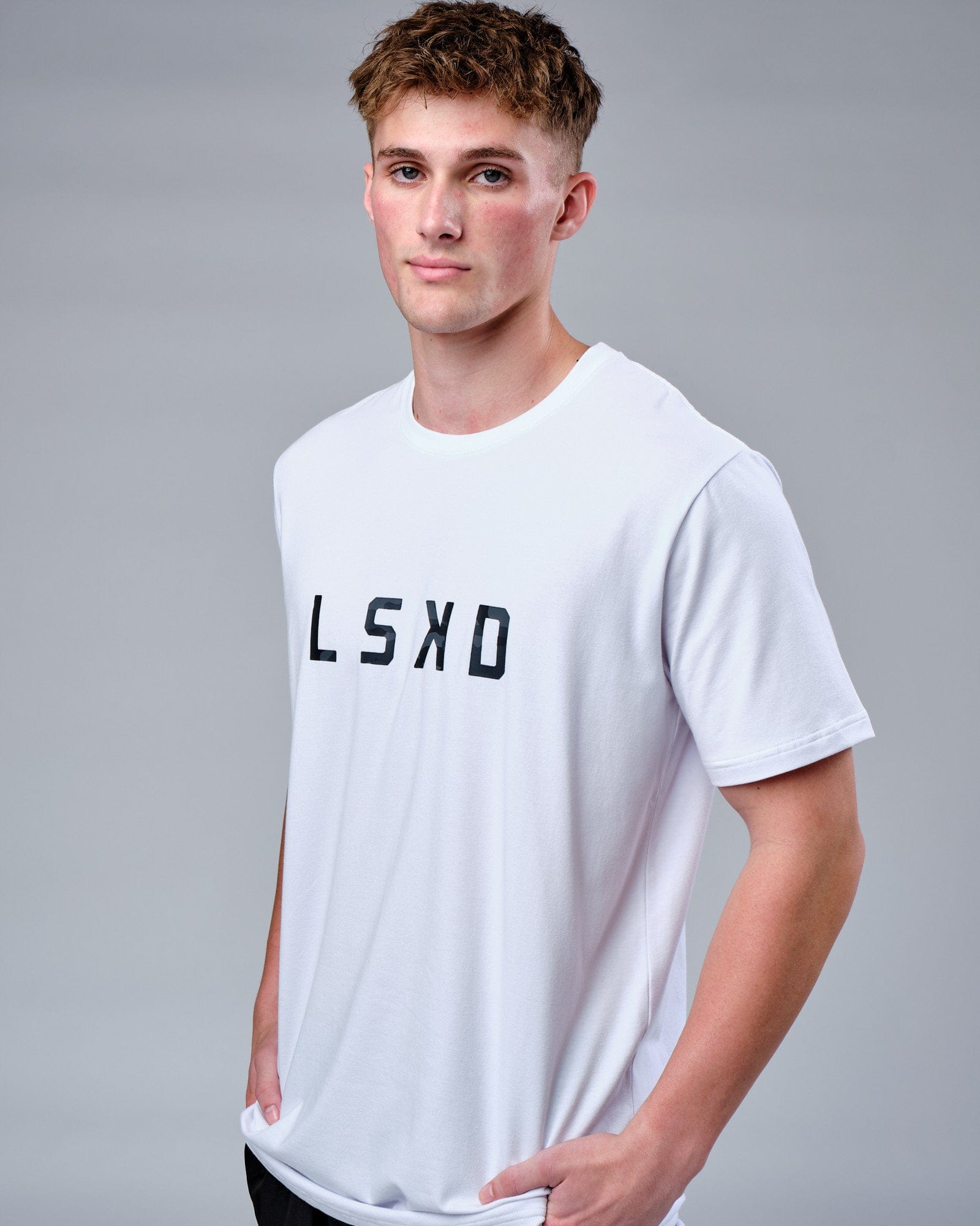 Model wearing Rep FLXCotton Tee - White-Black Camo