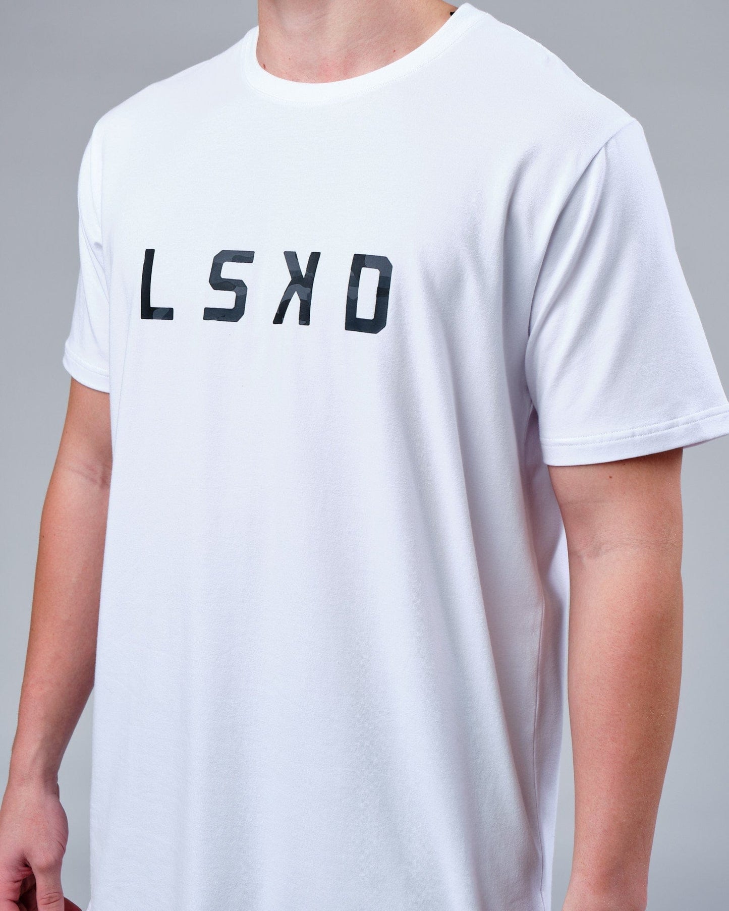 Model wearing Rep FLXCotton Tee - White-Black Camo