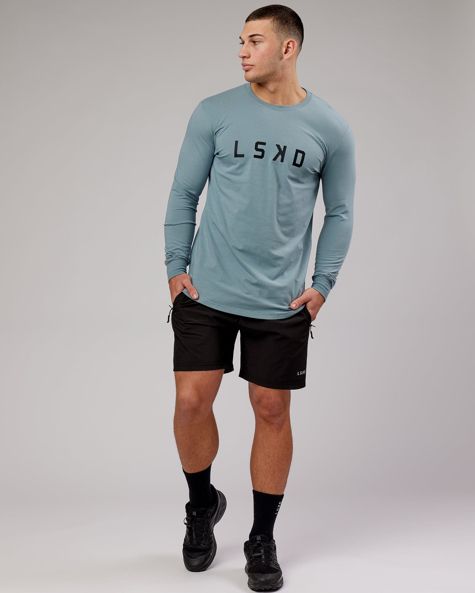 Model wearing Power FLXDRY Performance LS Tee - Slate