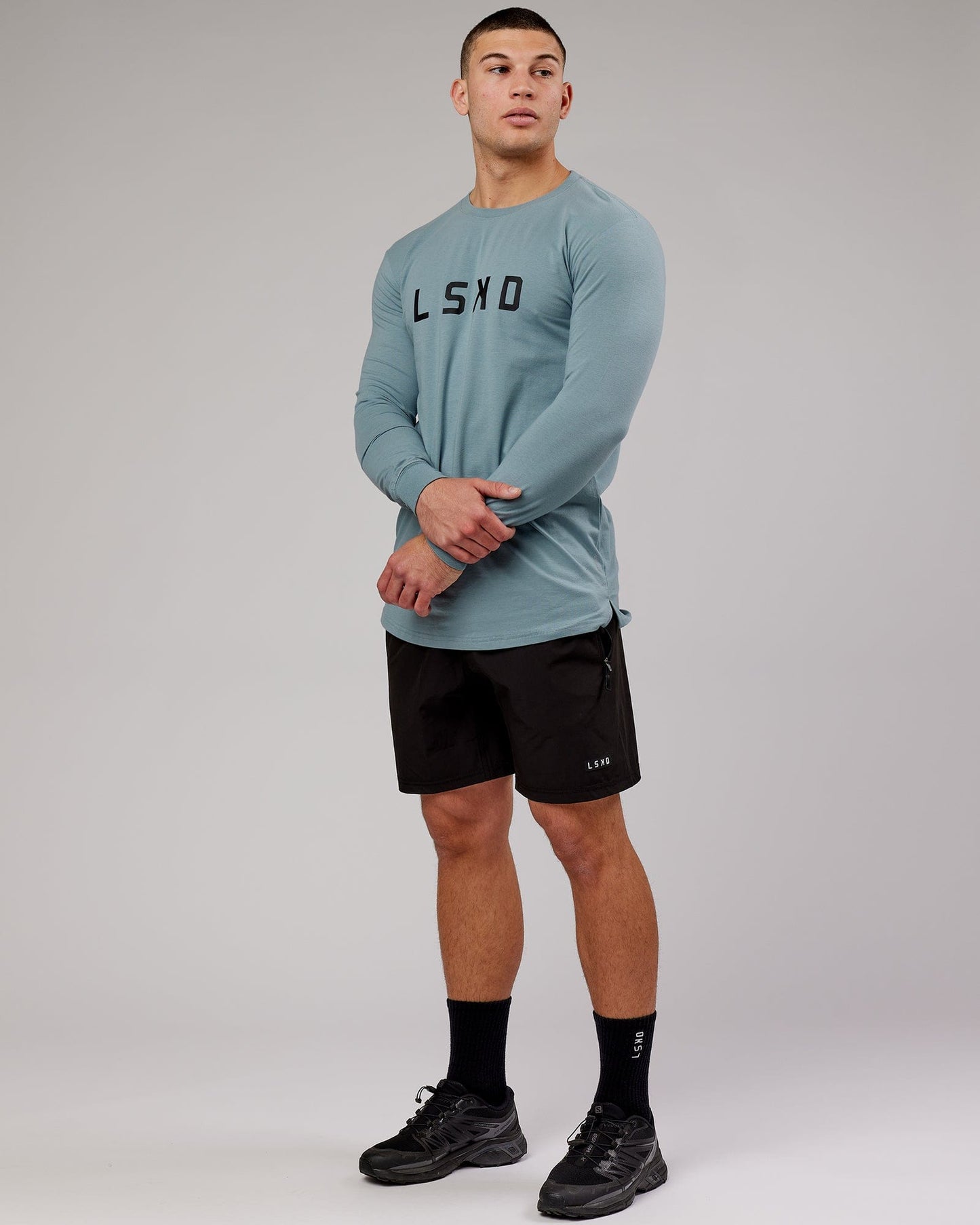 Model wearing Power FLXDRY Performance LS Tee - Slate