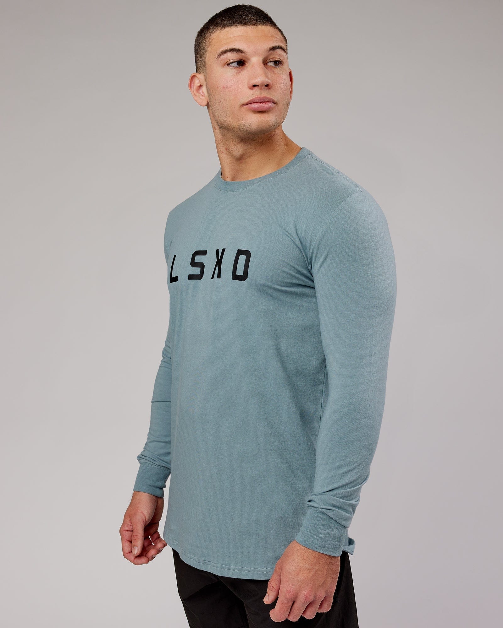 Model wearing Power FLXDRY Performance LS Tee - Slate