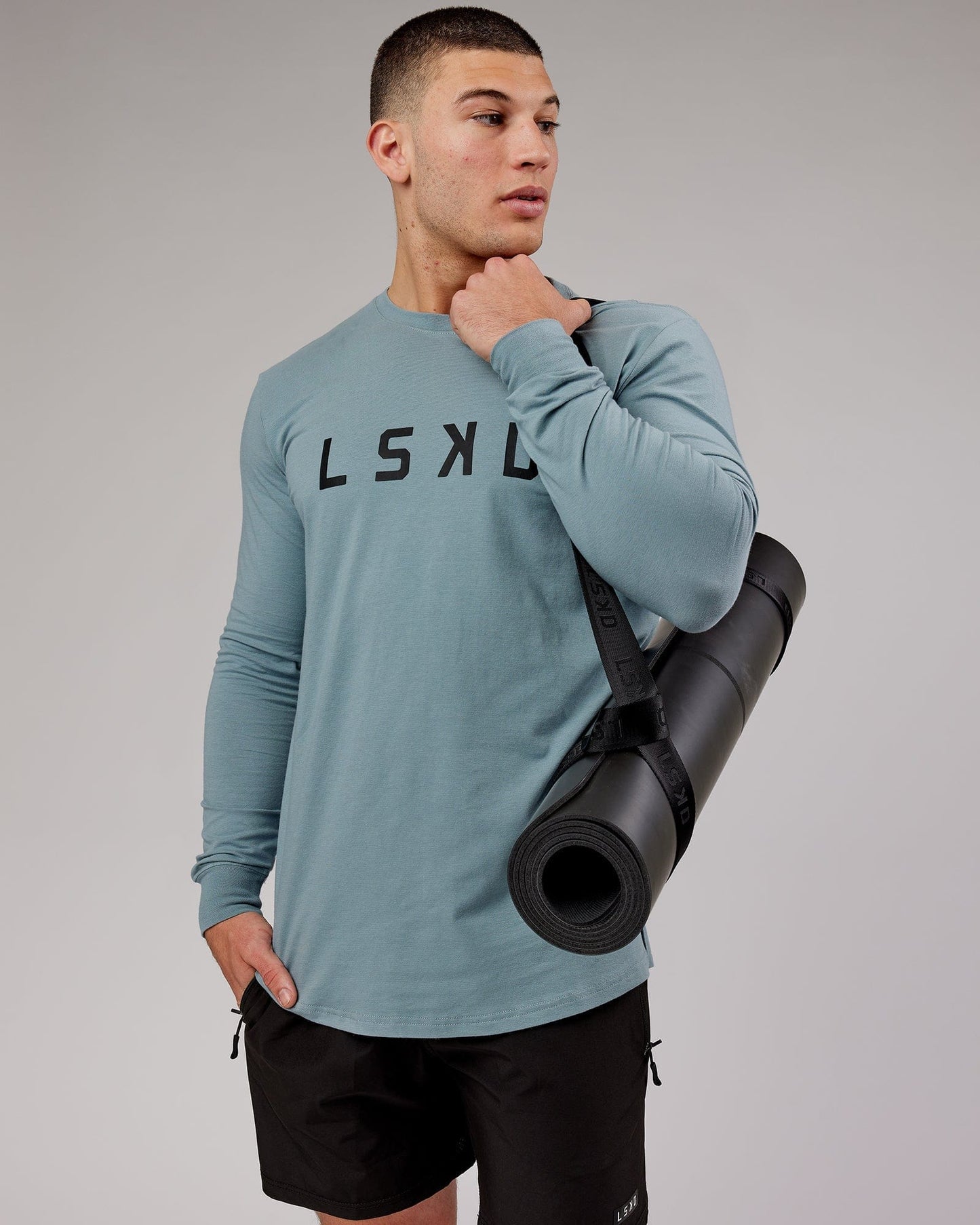 Model wearing Power FLXDRY Performance LS Tee - Slate