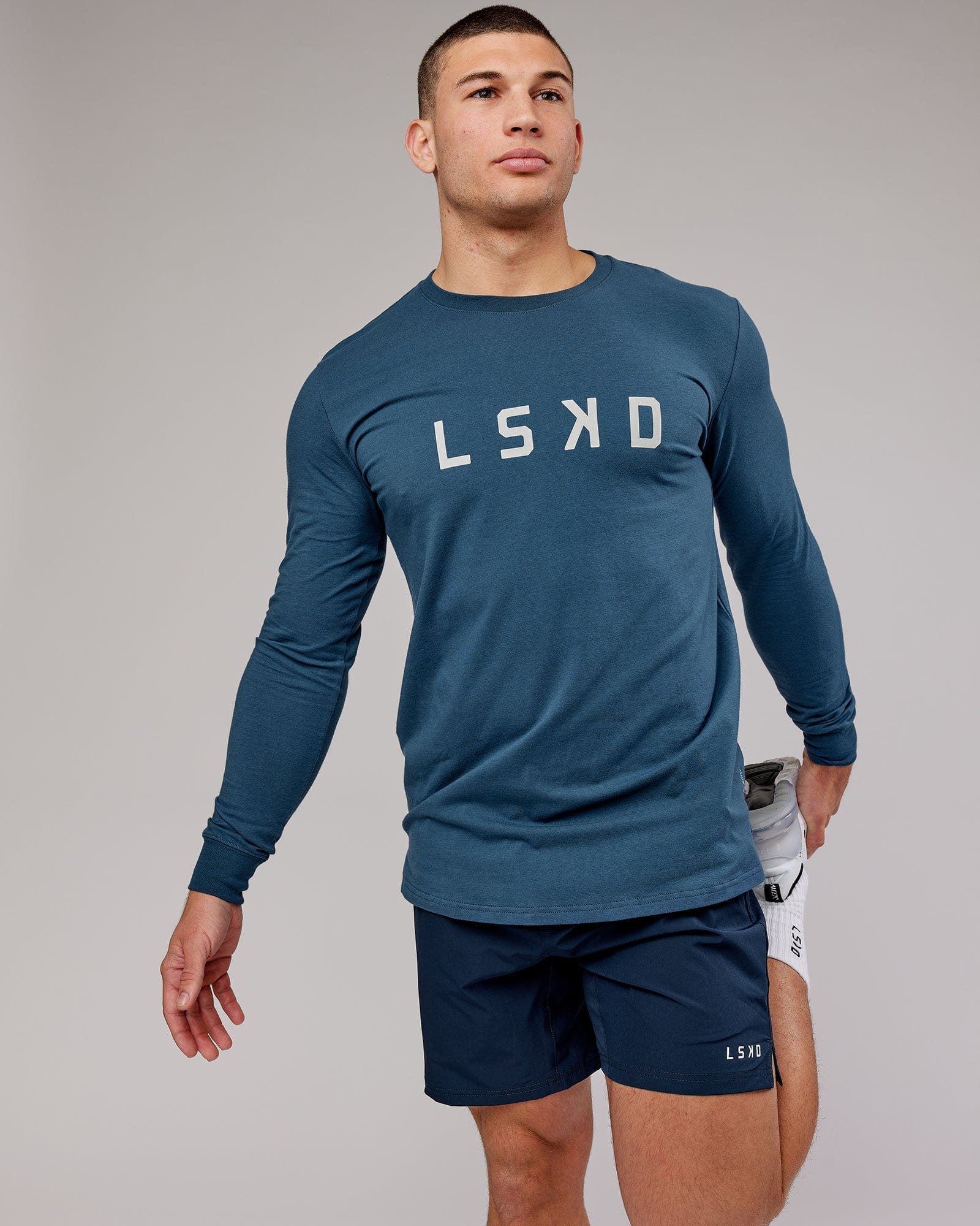 Model wearing Power FLXDRY Performance LS Tee - Light Navy