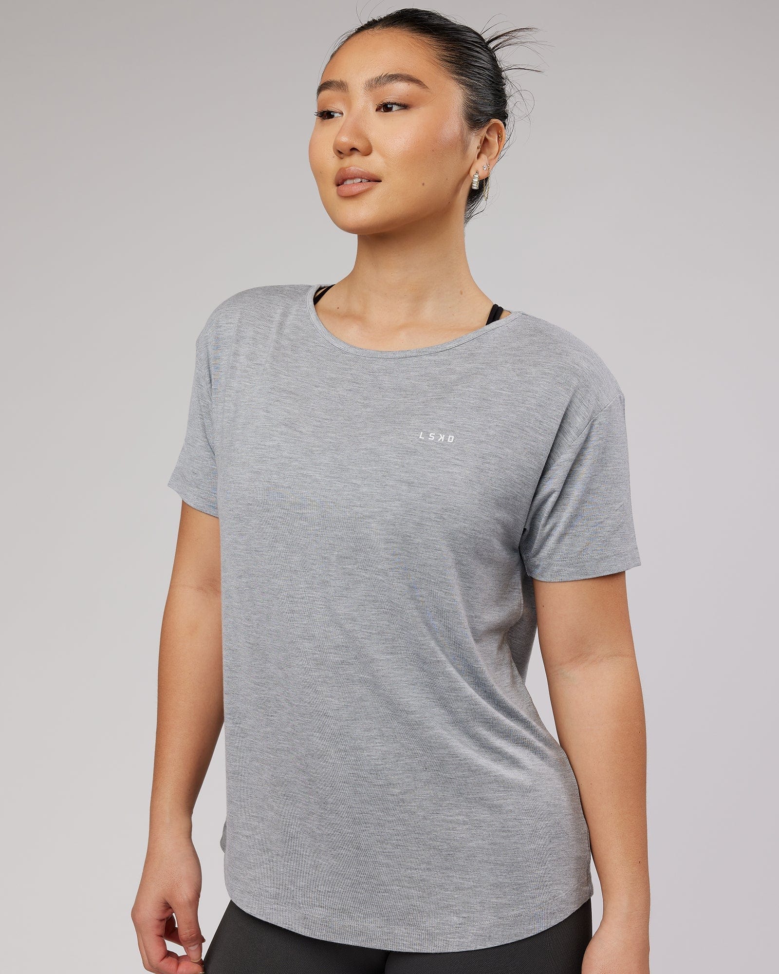 Model wearing Air Slouch Tee - Lt Grey Marl