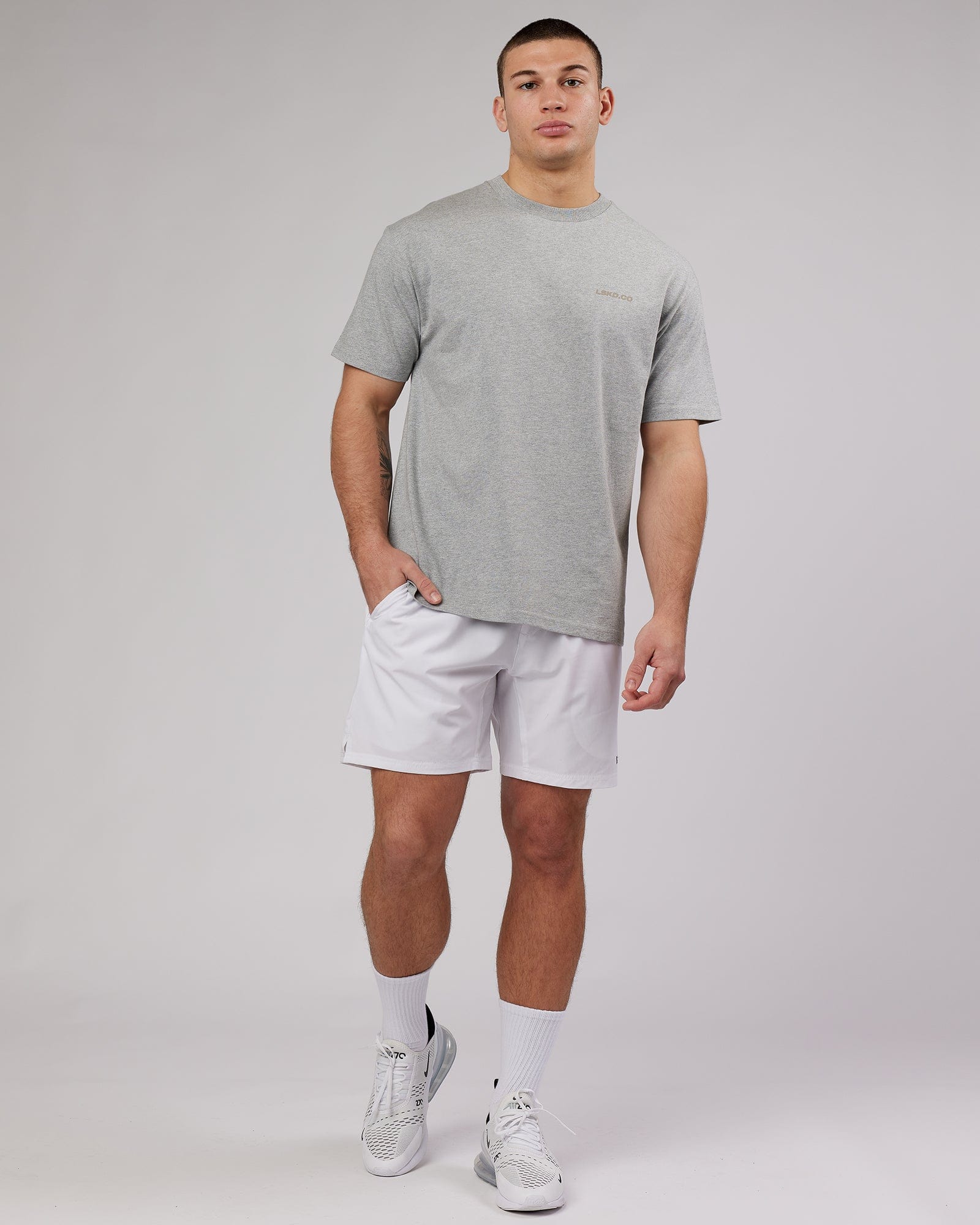 Model wearing Revolution Heavyweight Tee Oversize - Lt Grey Marl