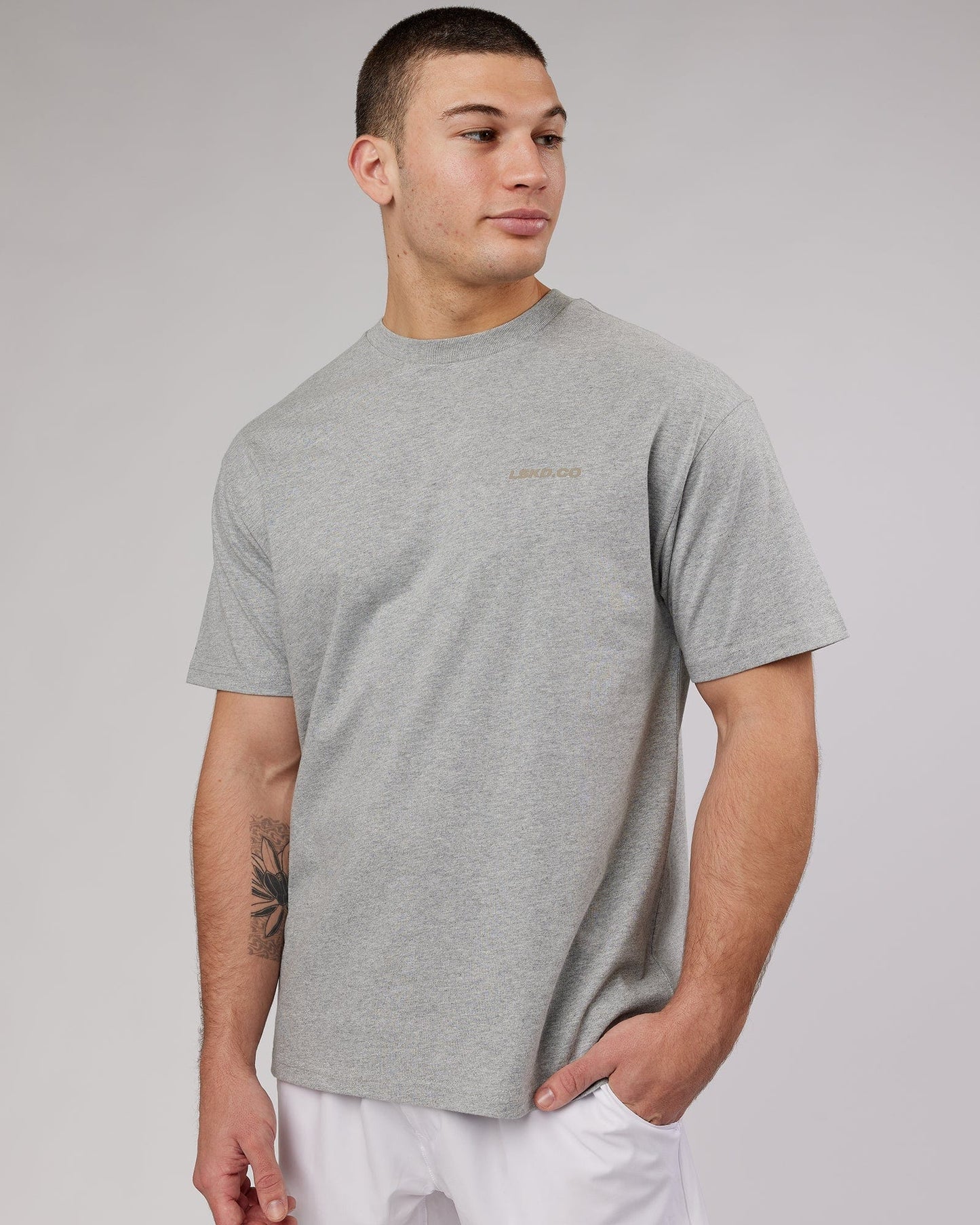 Model wearing Revolution Heavyweight Tee Oversize - Lt Grey Marl