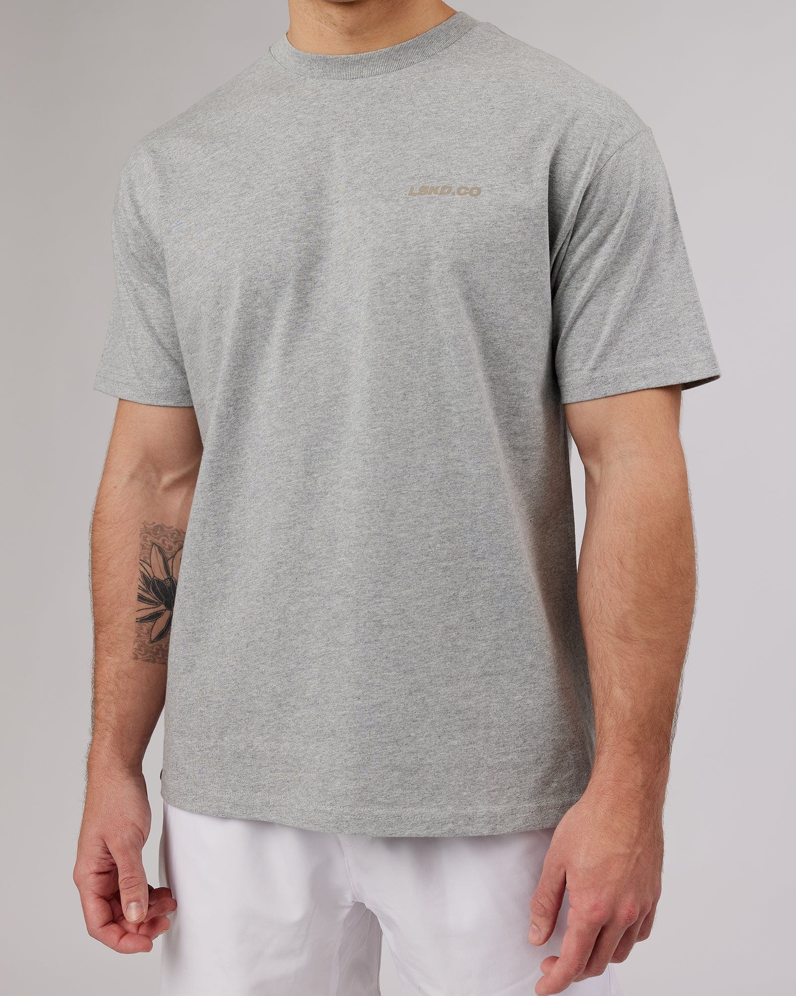 Model wearing Revolution Heavyweight Tee Oversize - Lt Grey Marl