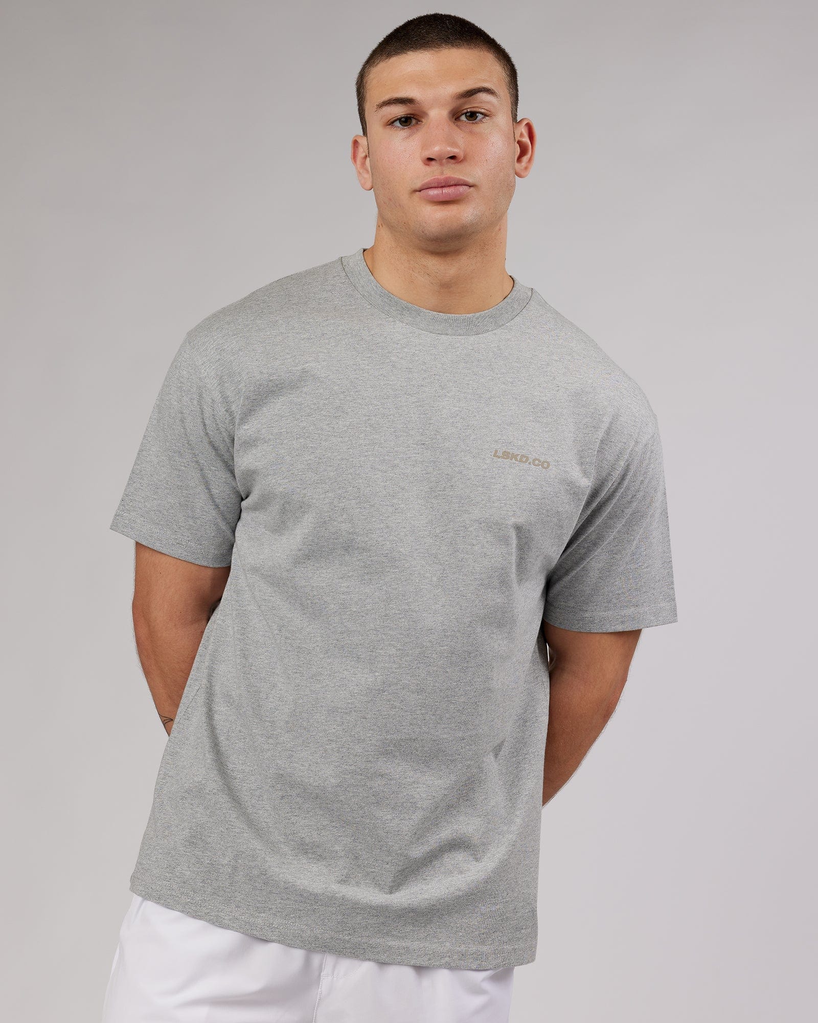 Model wearing Revolution Heavyweight Tee Oversize - Lt Grey Marl