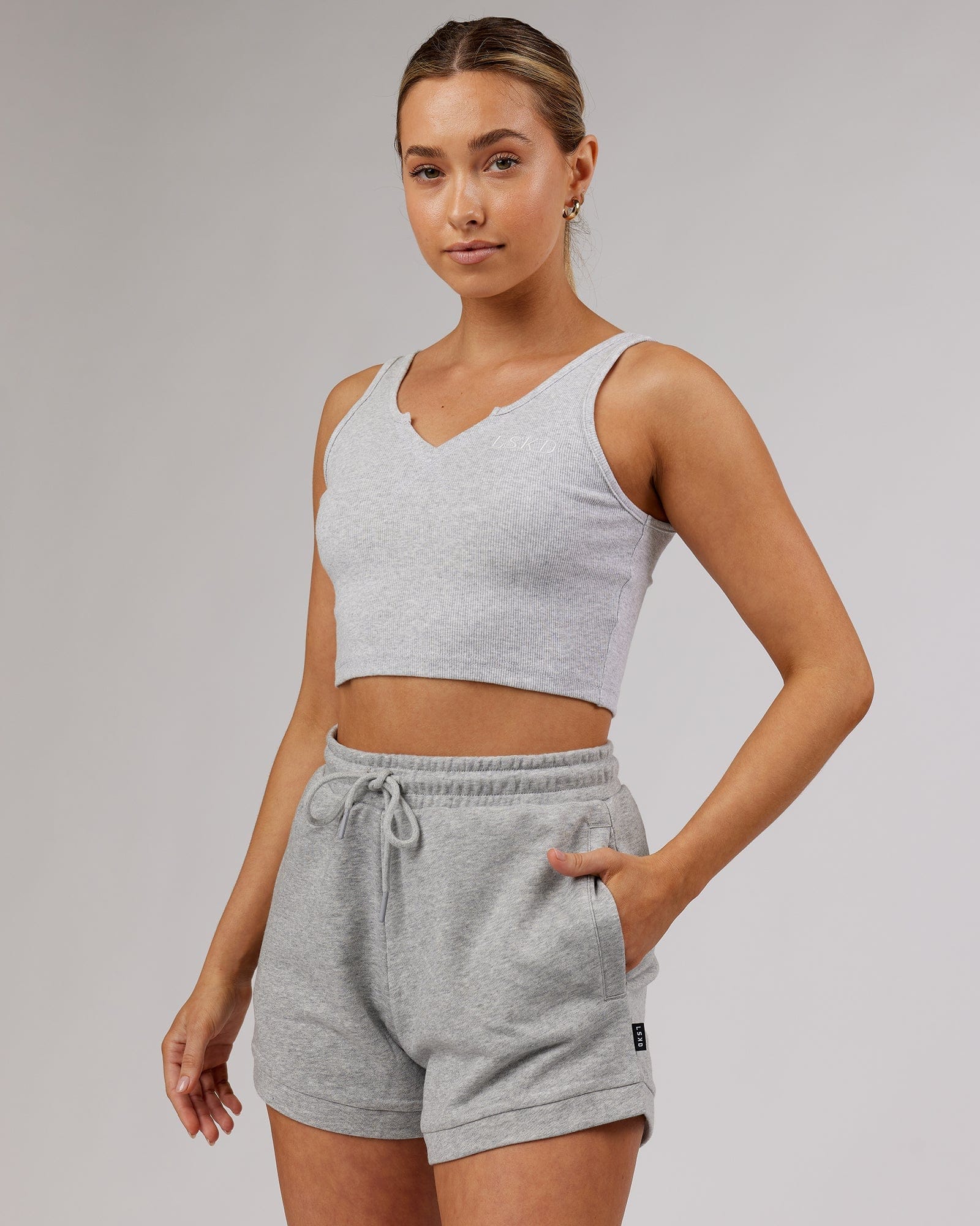 Model wearing Off Duty Lounge Short - Lt Grey Marl