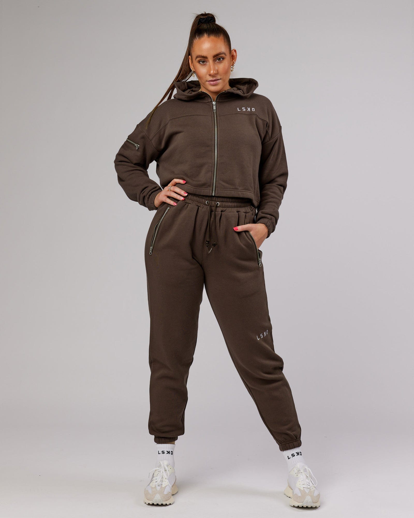 Model wearing Bridge Zip Through Hoodie - Walnut