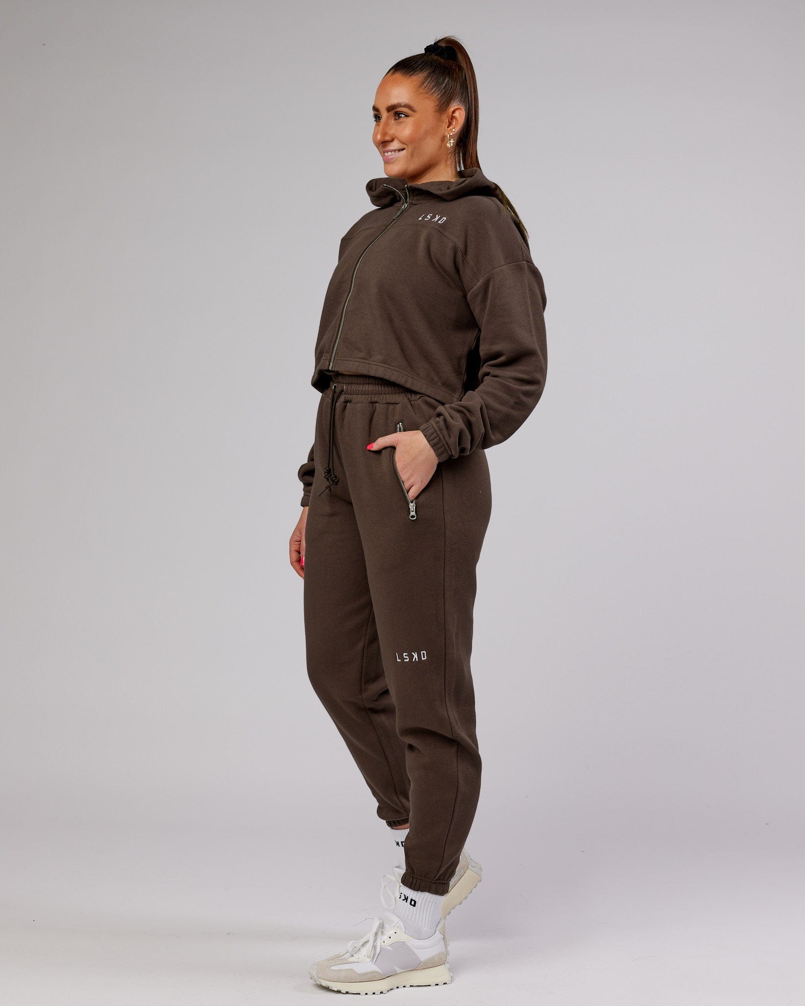 Model wearing Bridge Zip Through Hoodie - Walnut