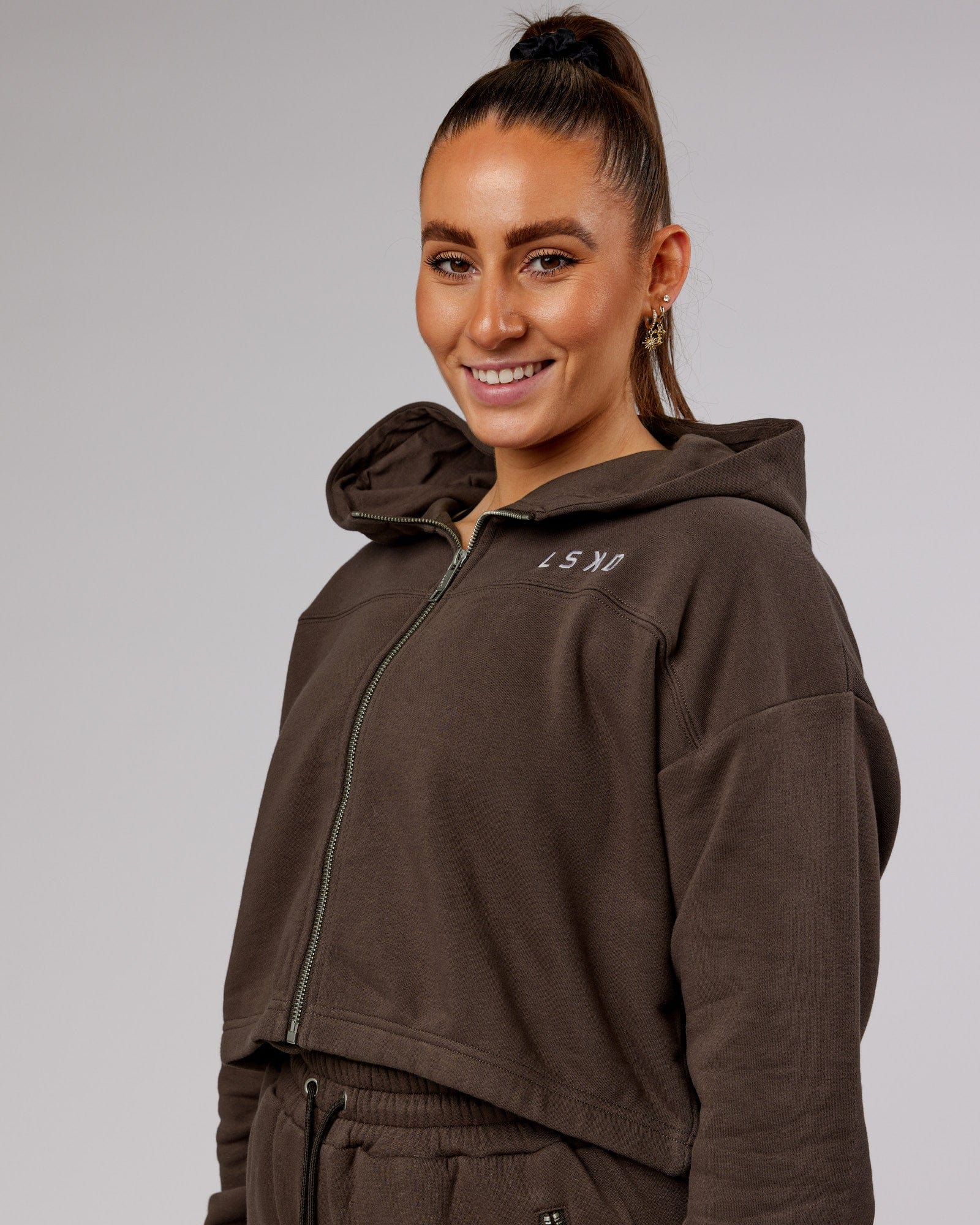 Model wearing Bridge Zip Through Hoodie - Walnut