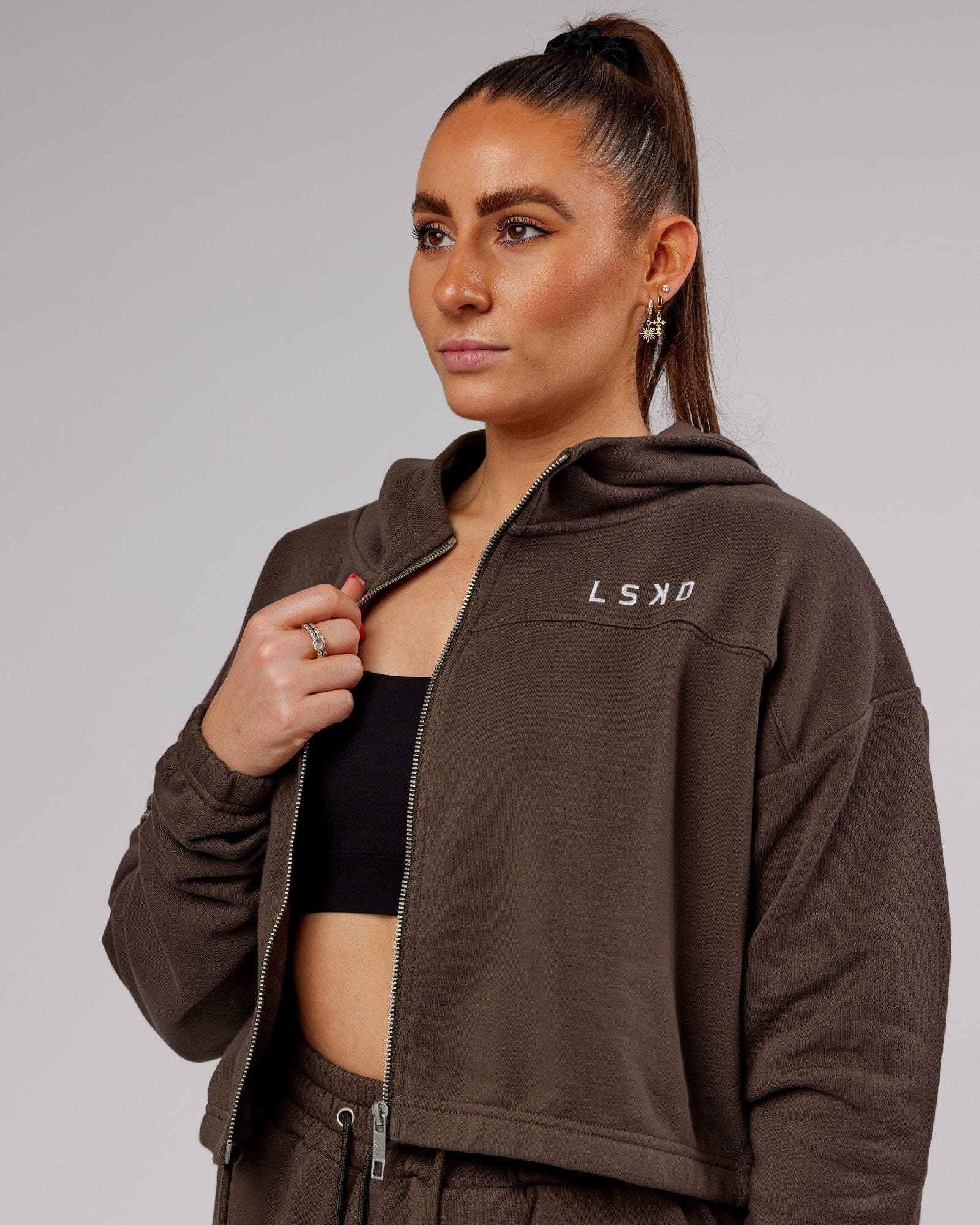 Model wearing Bridge Zip Through Hoodie - Walnut