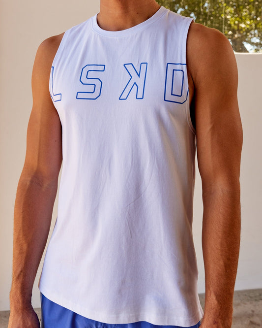 Model wearing Expand FLXCotton Training Fit Tank - White-Cobalt