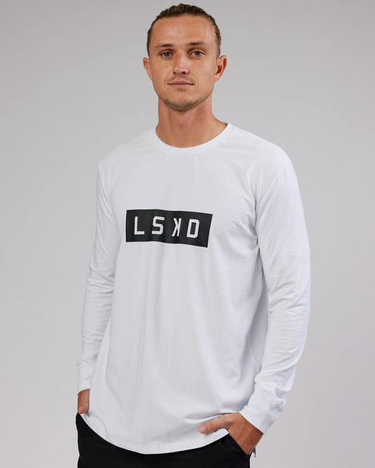 Model wearing Strength FLXCotton LS Tee - White-Black