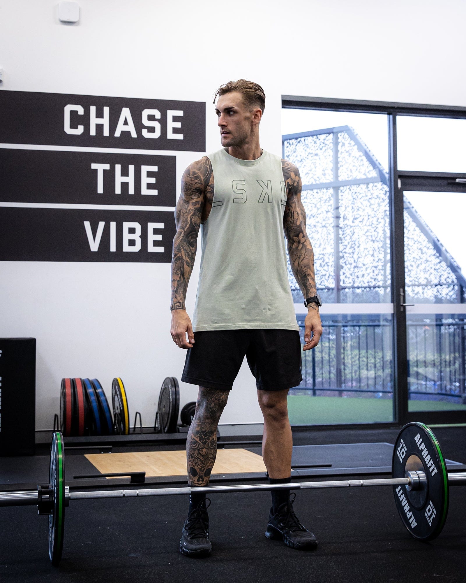 Model wearing Expand FLXCotton Training Fit Tank - Desert Sage