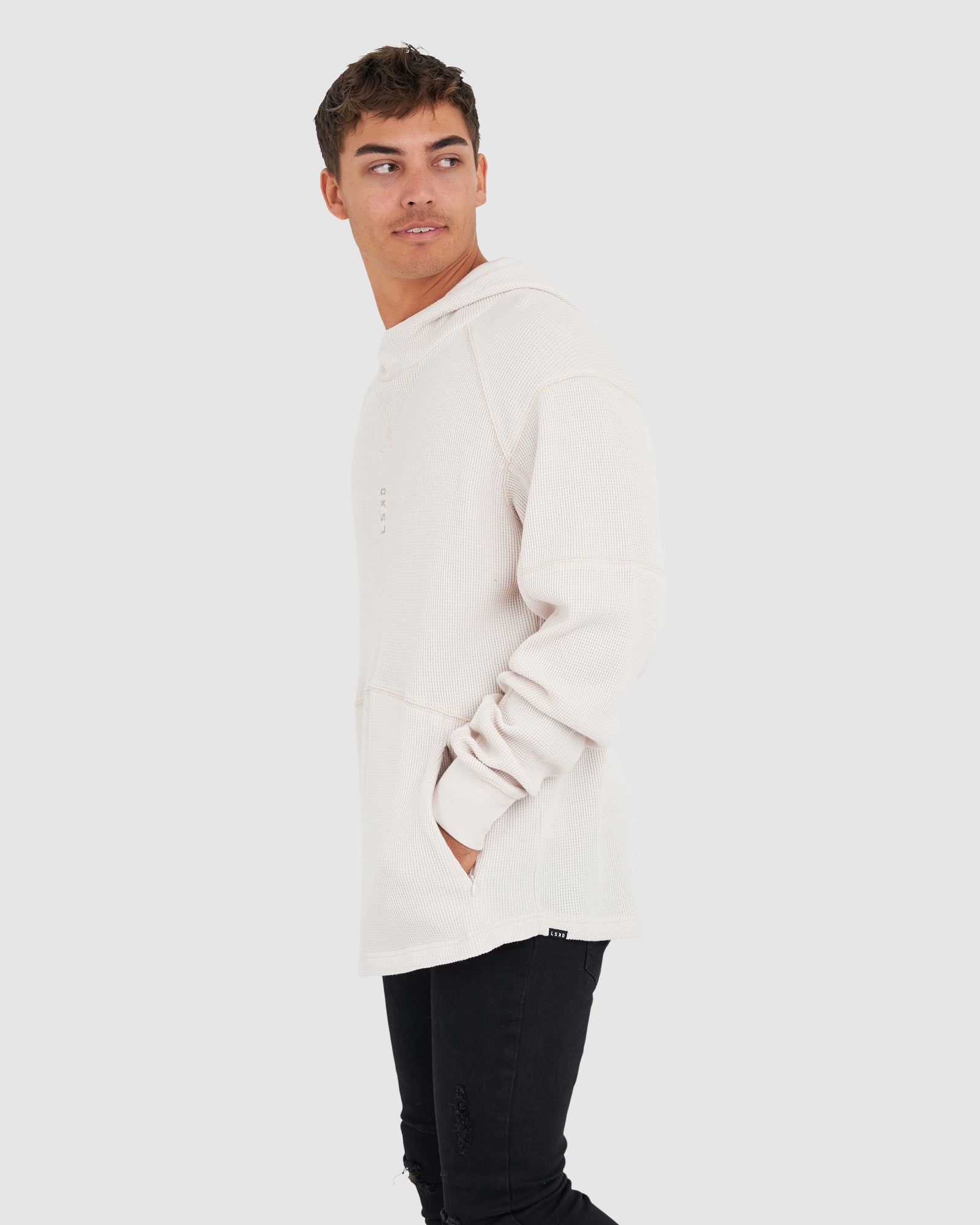 Model wearing 5am Waffle Hoodie - Clay