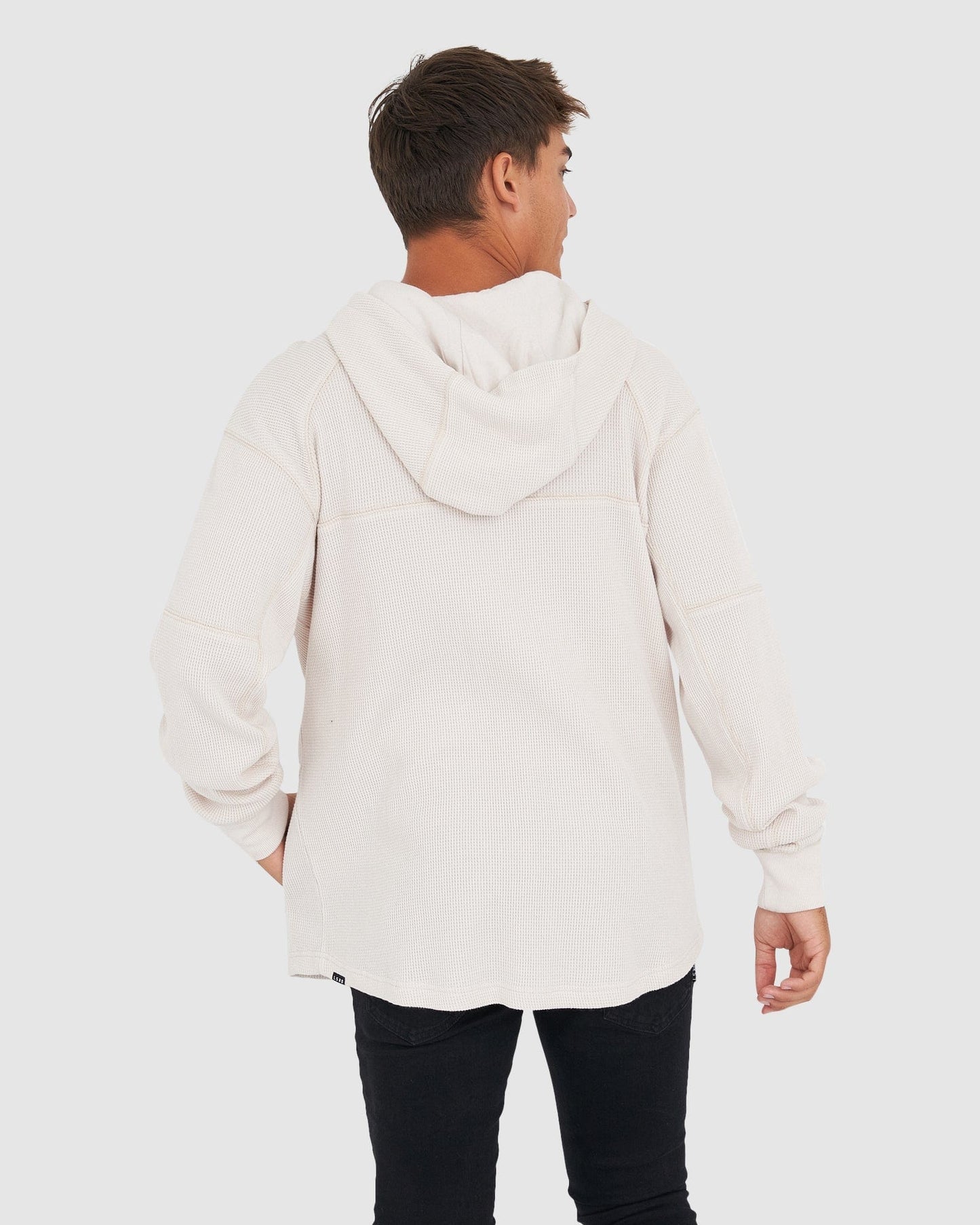 Model wearing 5am Waffle Hoodie - Clay