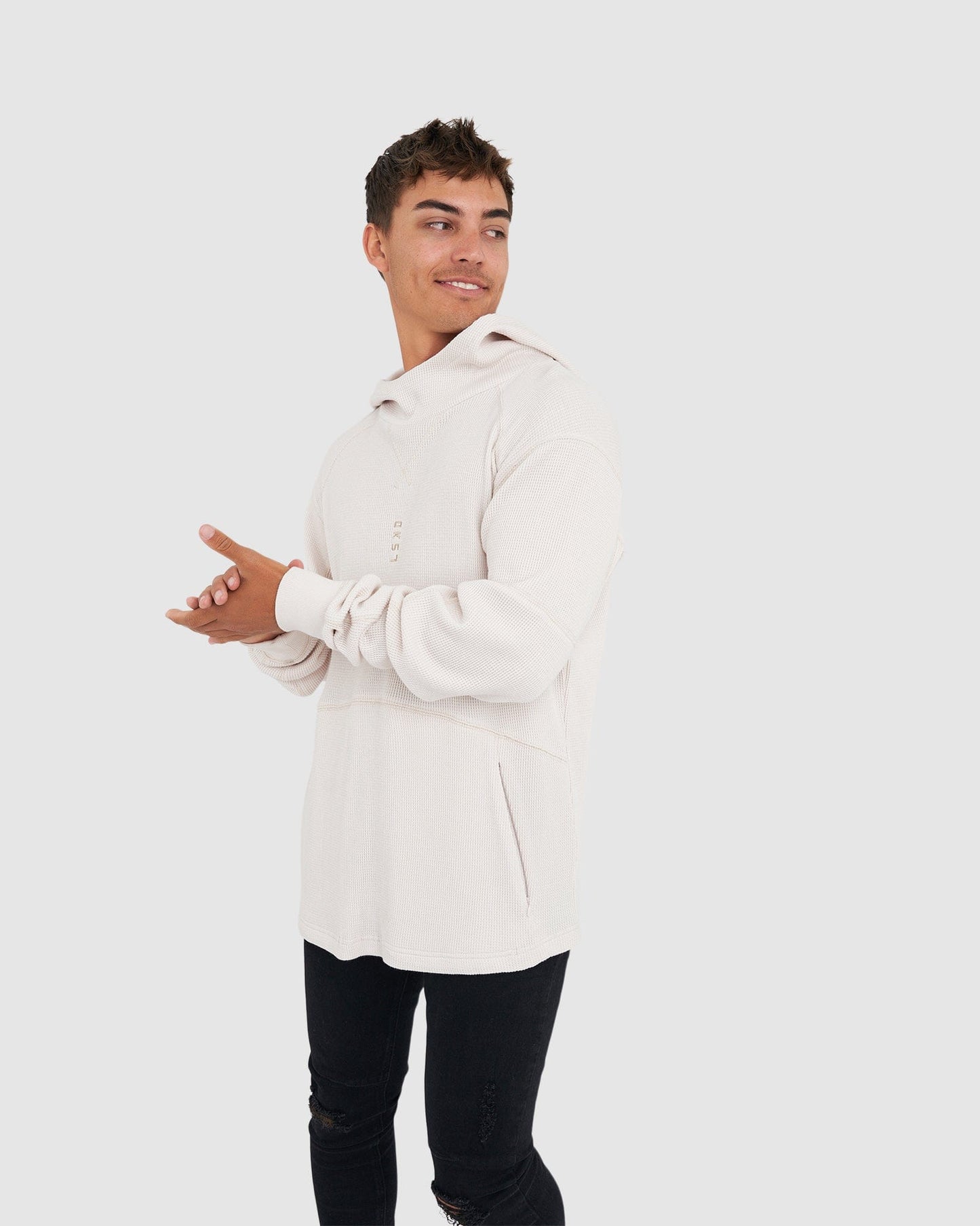 Model wearing 5am Waffle Hoodie - Clay