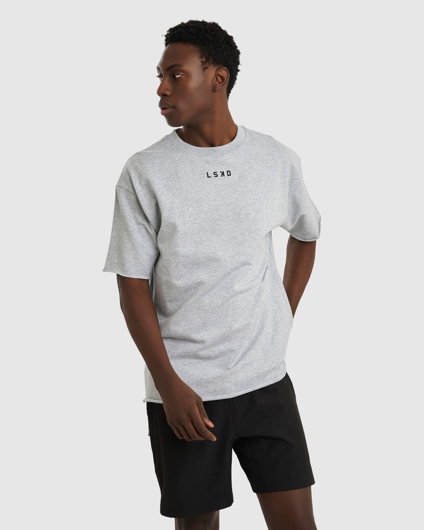 Model wearing Lift Heavyweight Tee Oversize - Lt Grey Marl