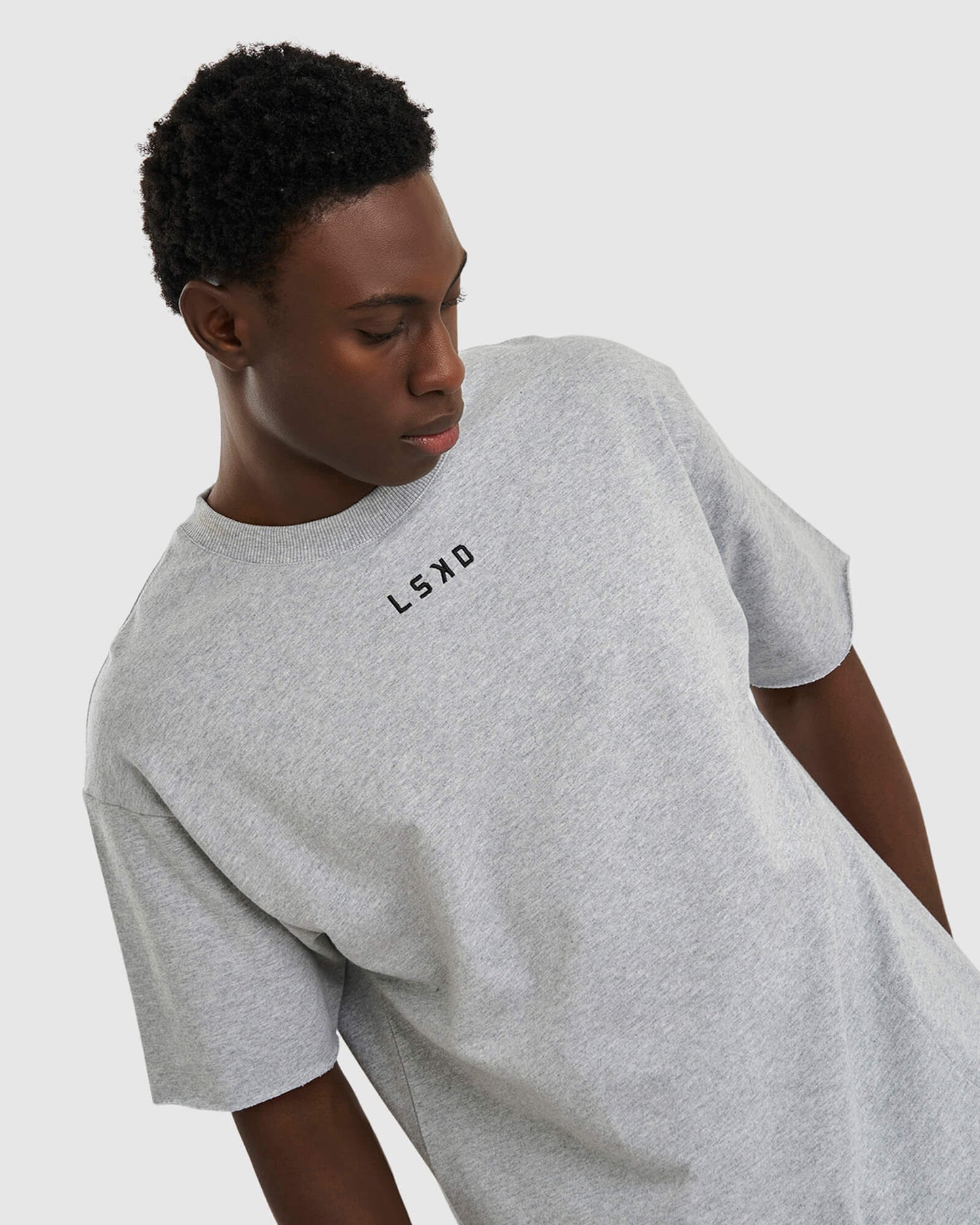 Model wearing Lift Heavyweight Tee Oversize - Lt Grey Marl