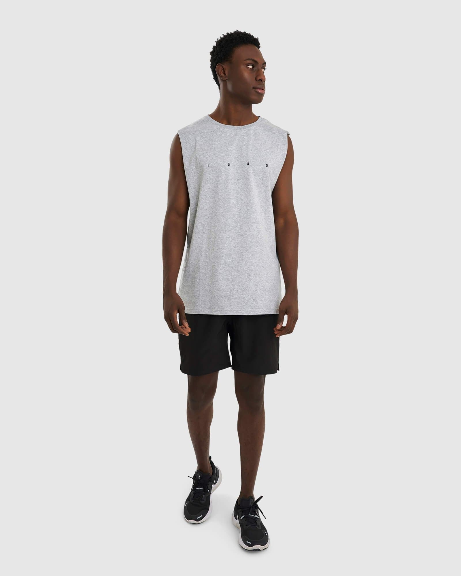 Model wearing Race Tank - Lt Grey Marl