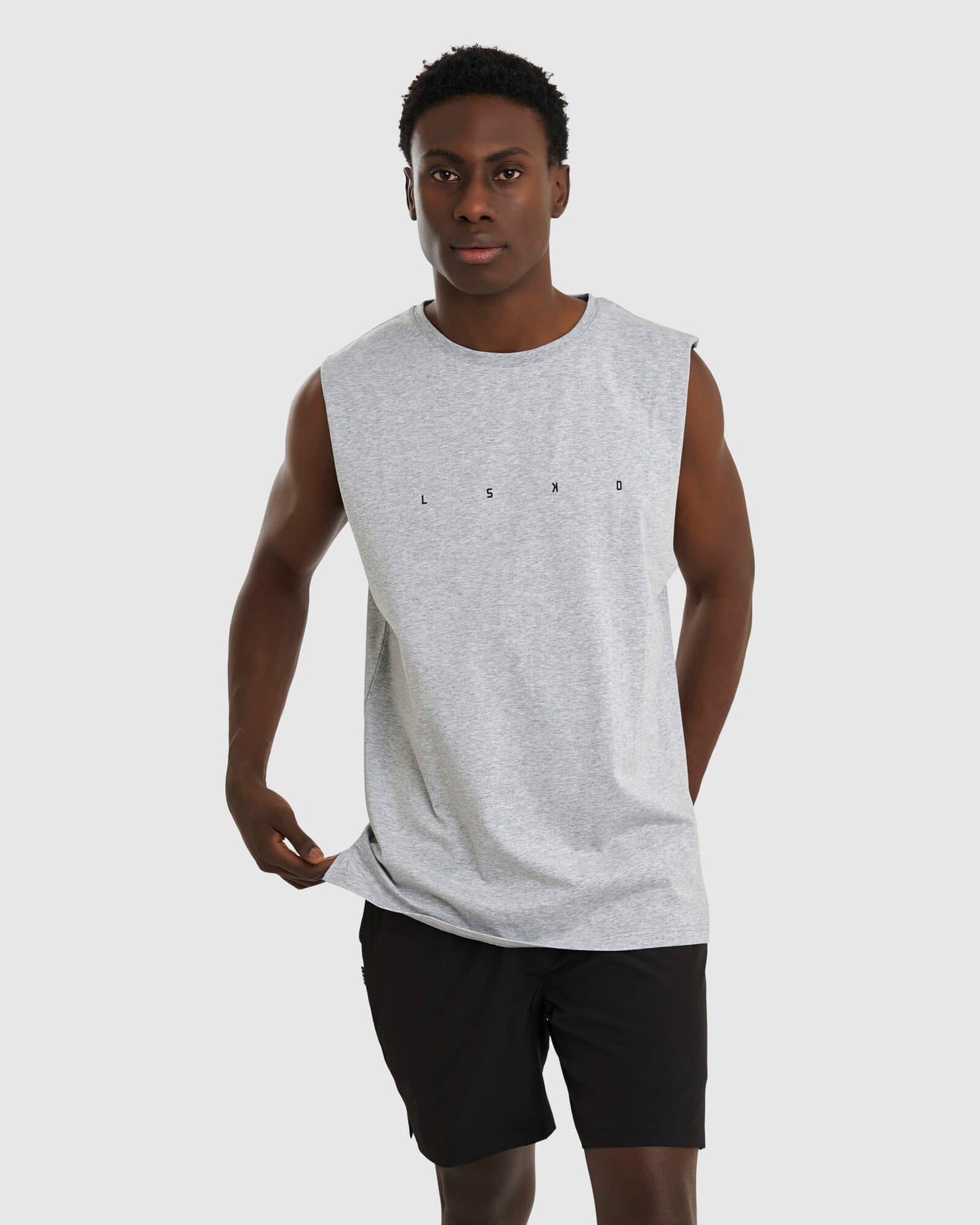 Model wearing Race Tank - Lt Grey Marl