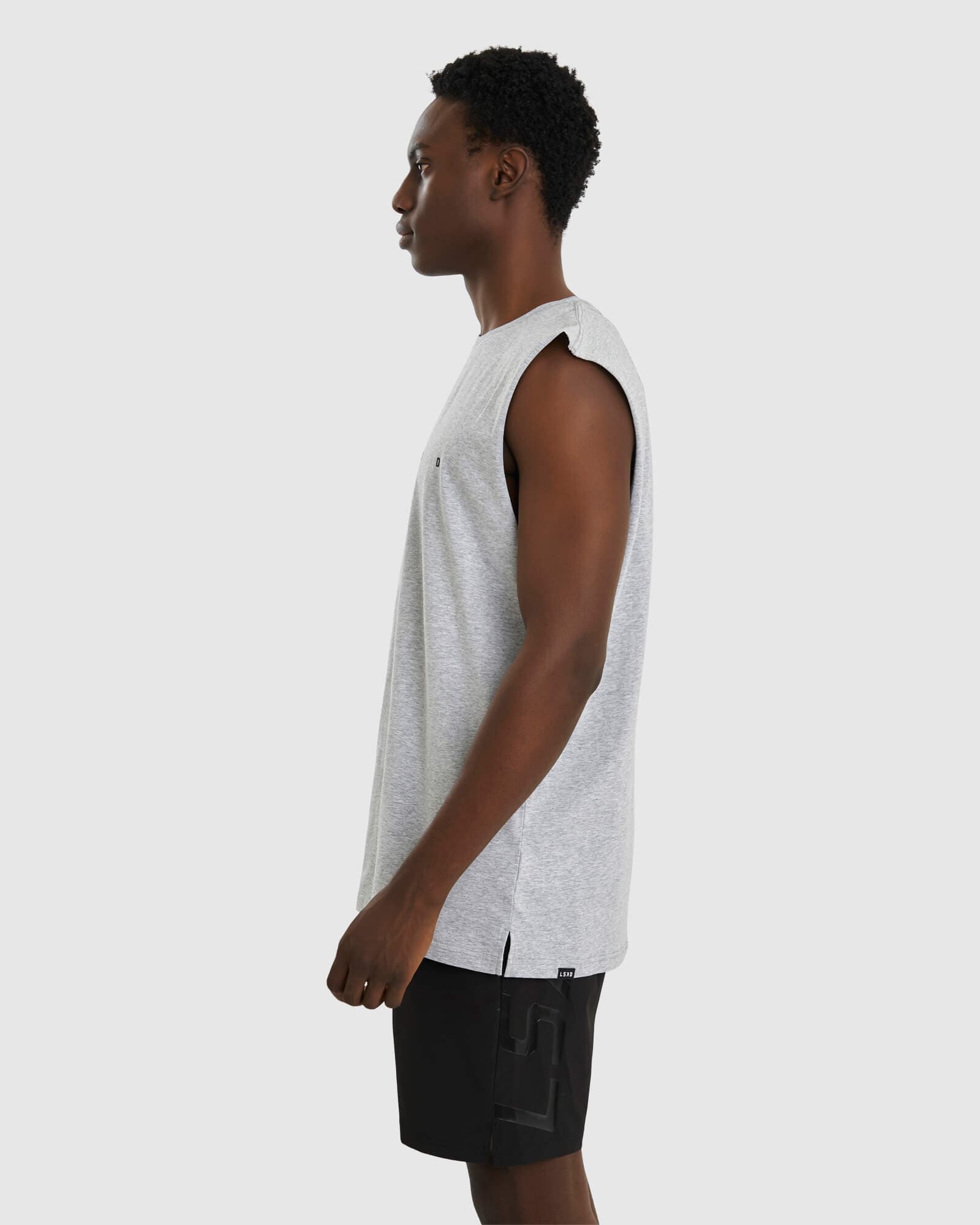 Model wearing Race Tank - Lt Grey Marl