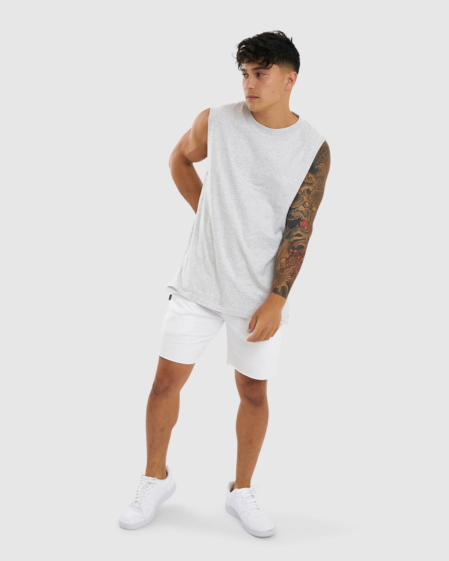 Model wearing Attack Tank - Lt Grey Marl