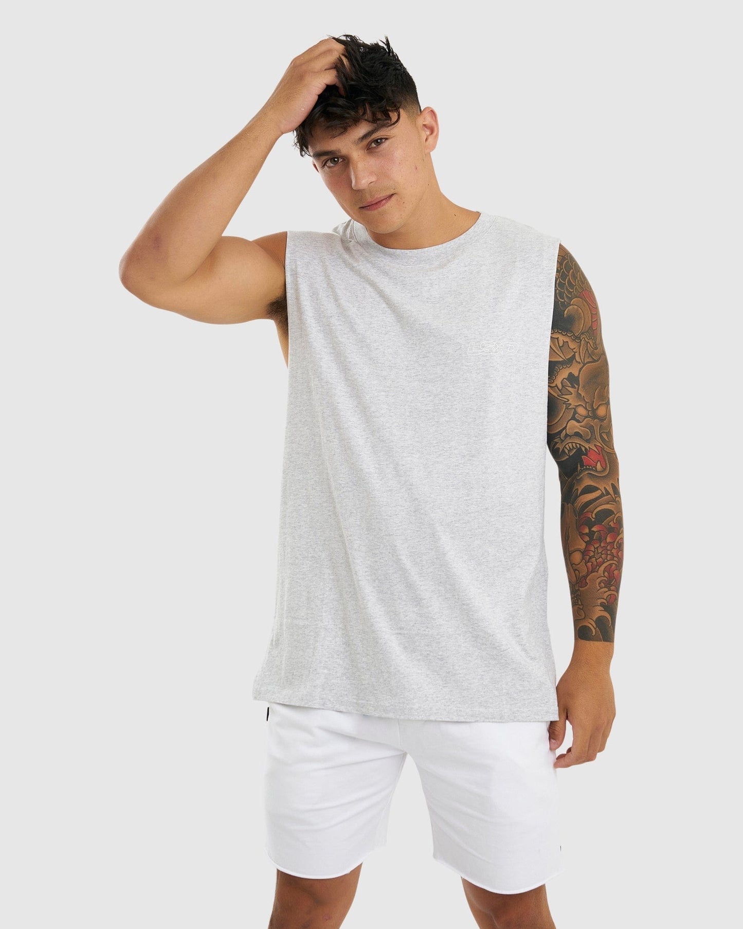 Model wearing Attack Tank - Lt Grey Marl