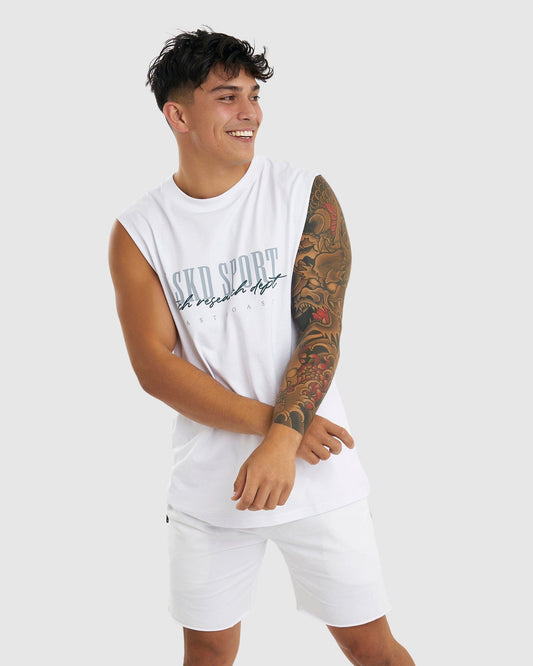 Model wearing Faculty Tank Vintage Fit - White