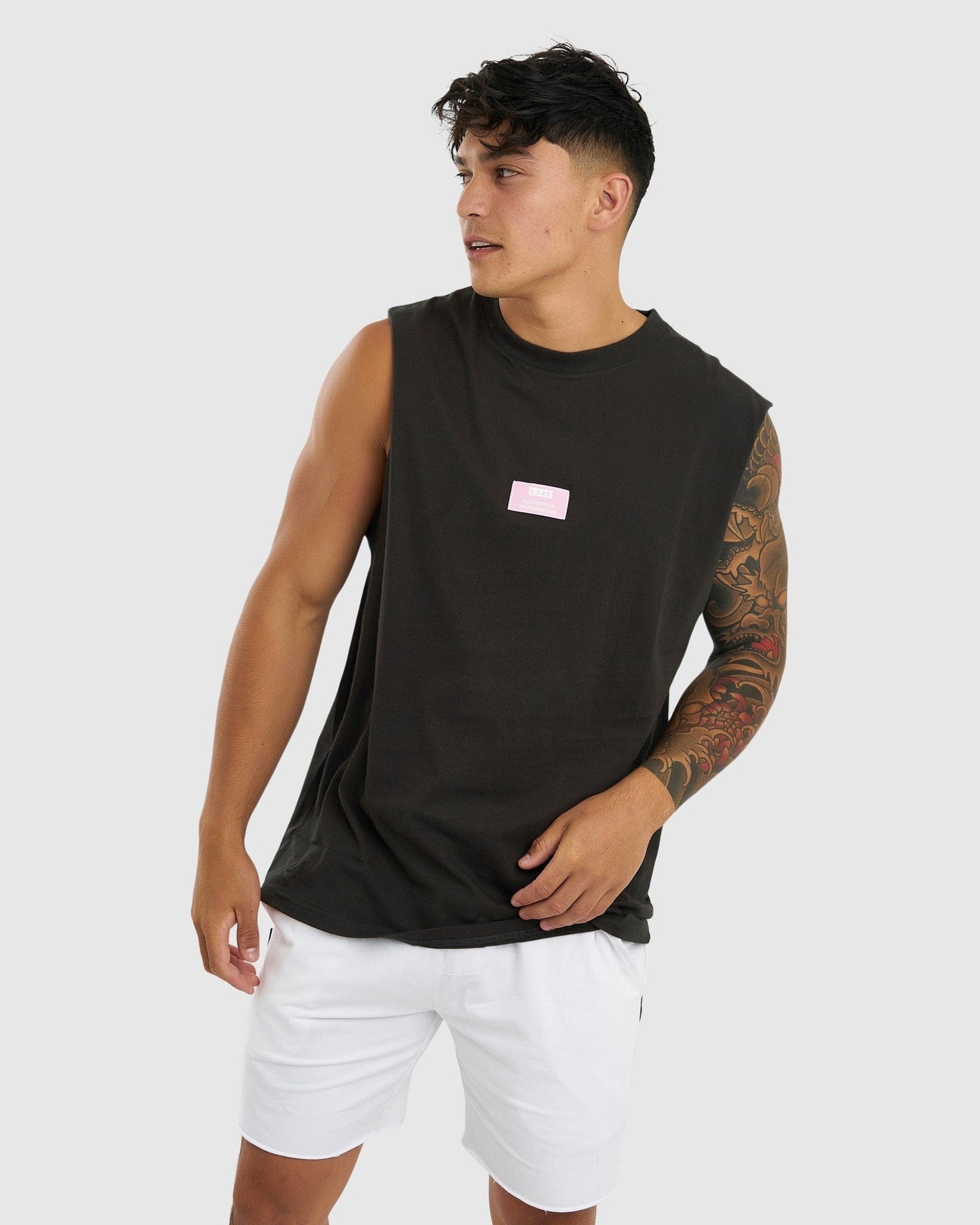 Model wearing Merch Tank Vintage Fit - Pirate Black
