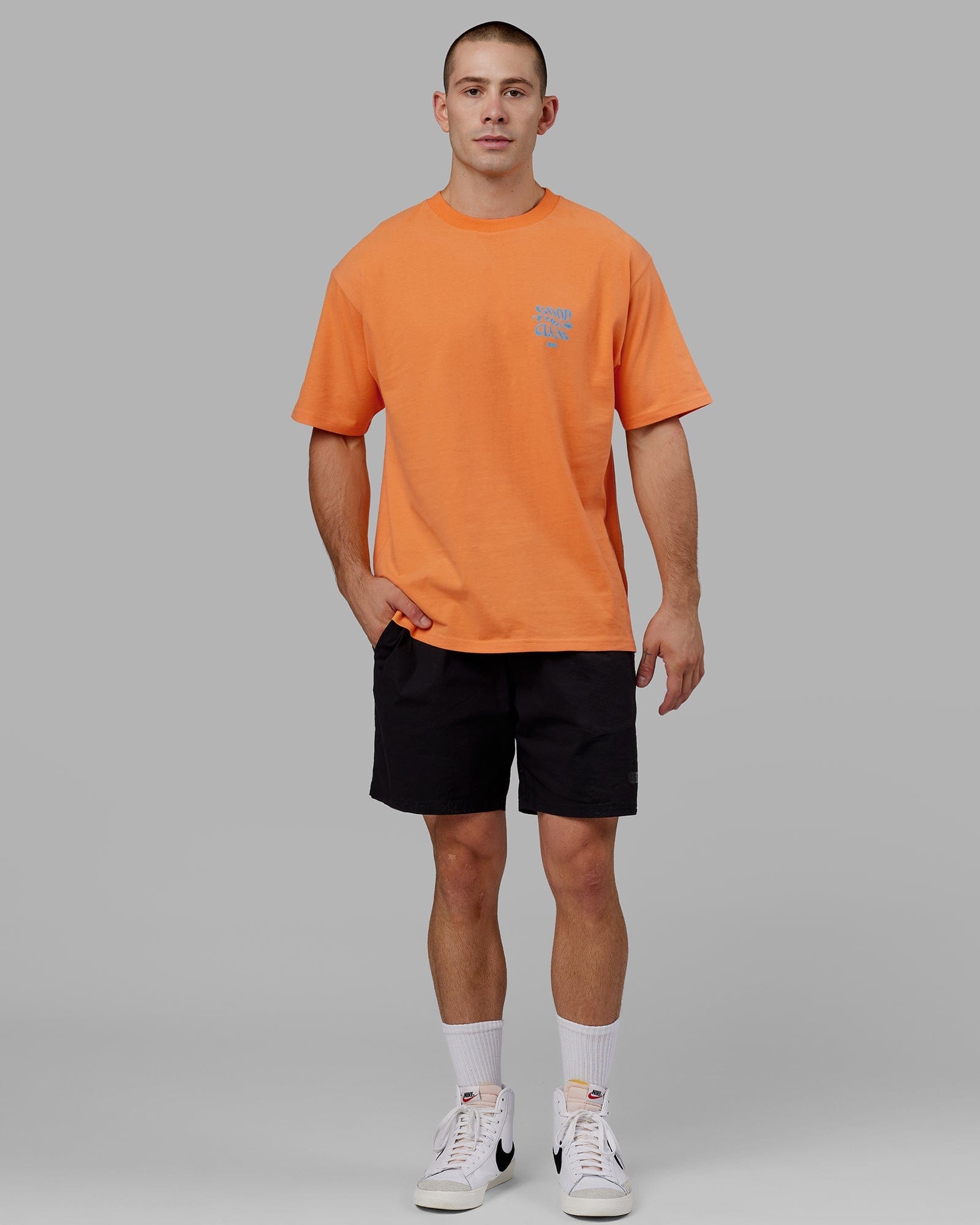 Model wearing Good Times Heavyweight Tee Oversize - Tangerine-Blue