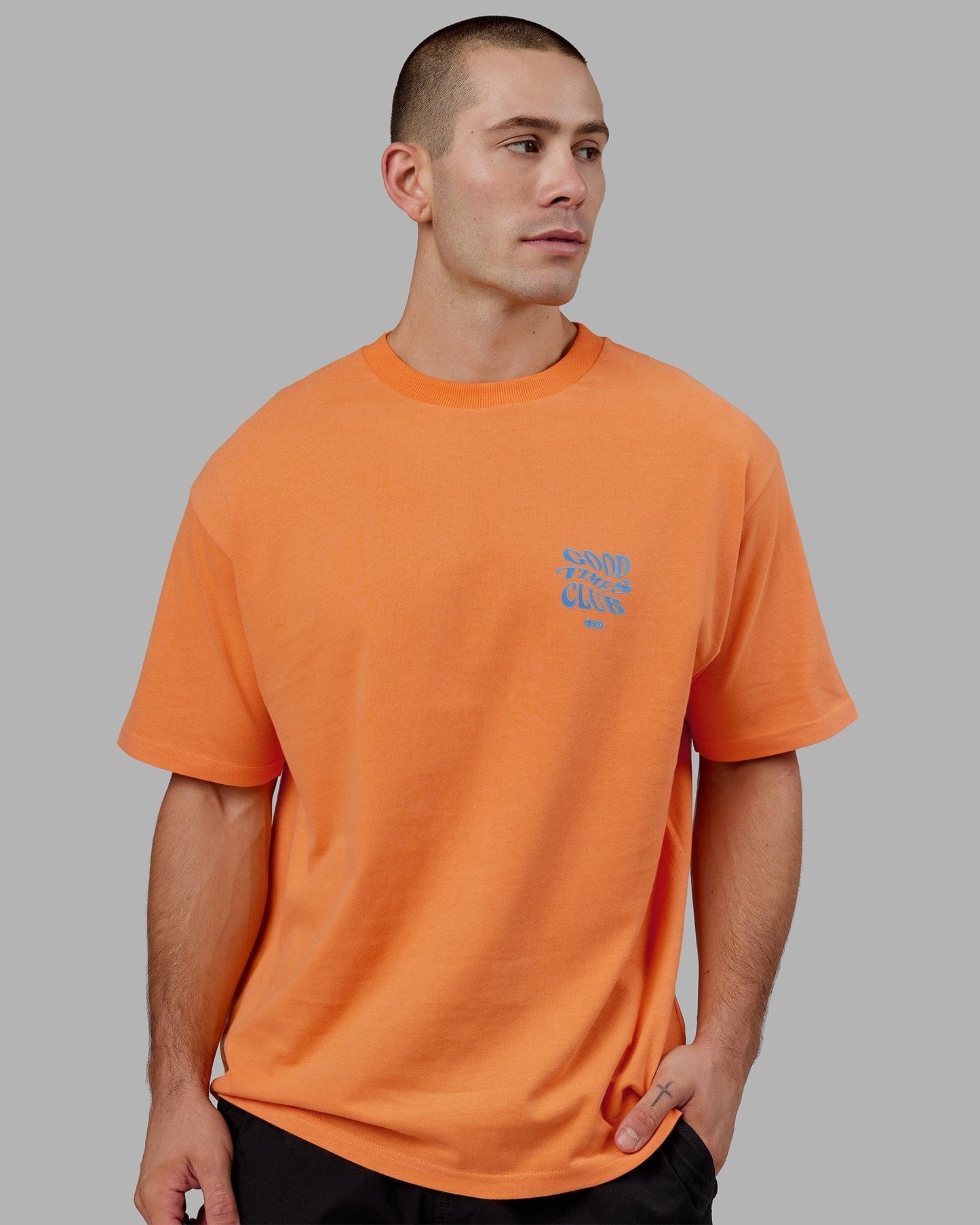 Model wearing Good Times Heavyweight Tee Oversize - Tangerine-Blue