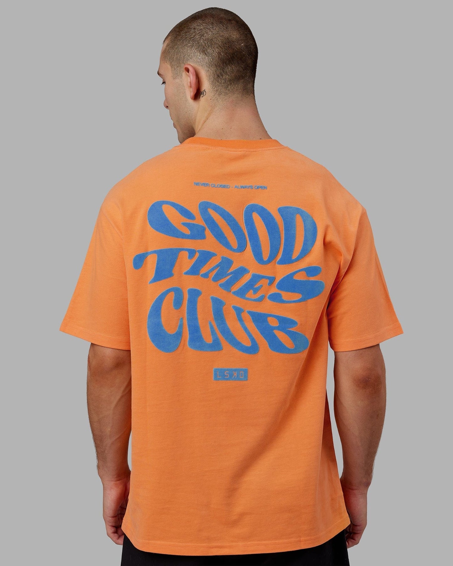 Model wearing Good Times Heavyweight Tee Oversize - Tangerine-Blue