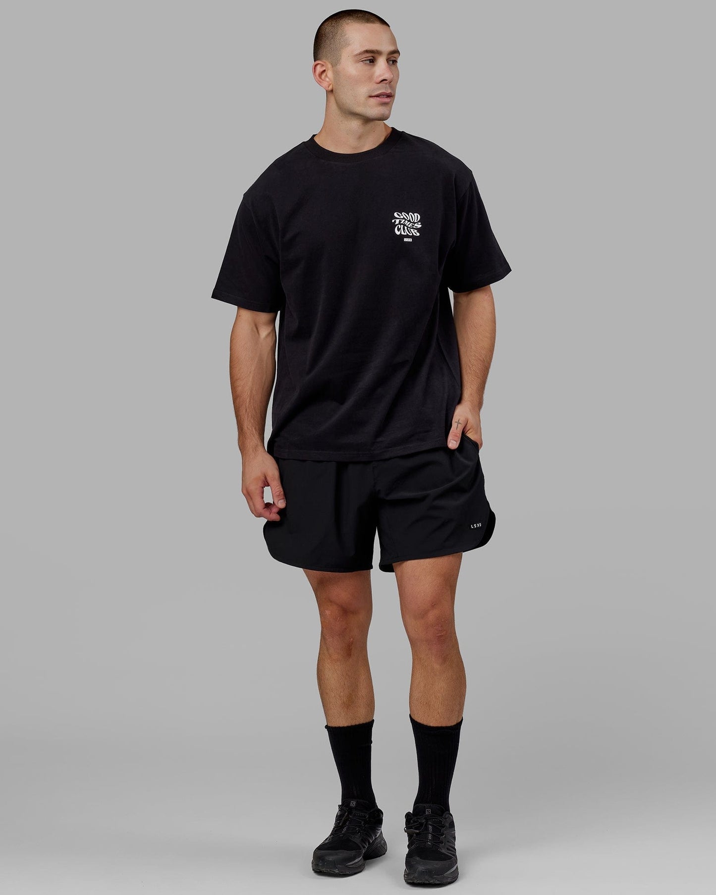 Model wearing Good Times Heavyweight Tee Oversize - Black-White