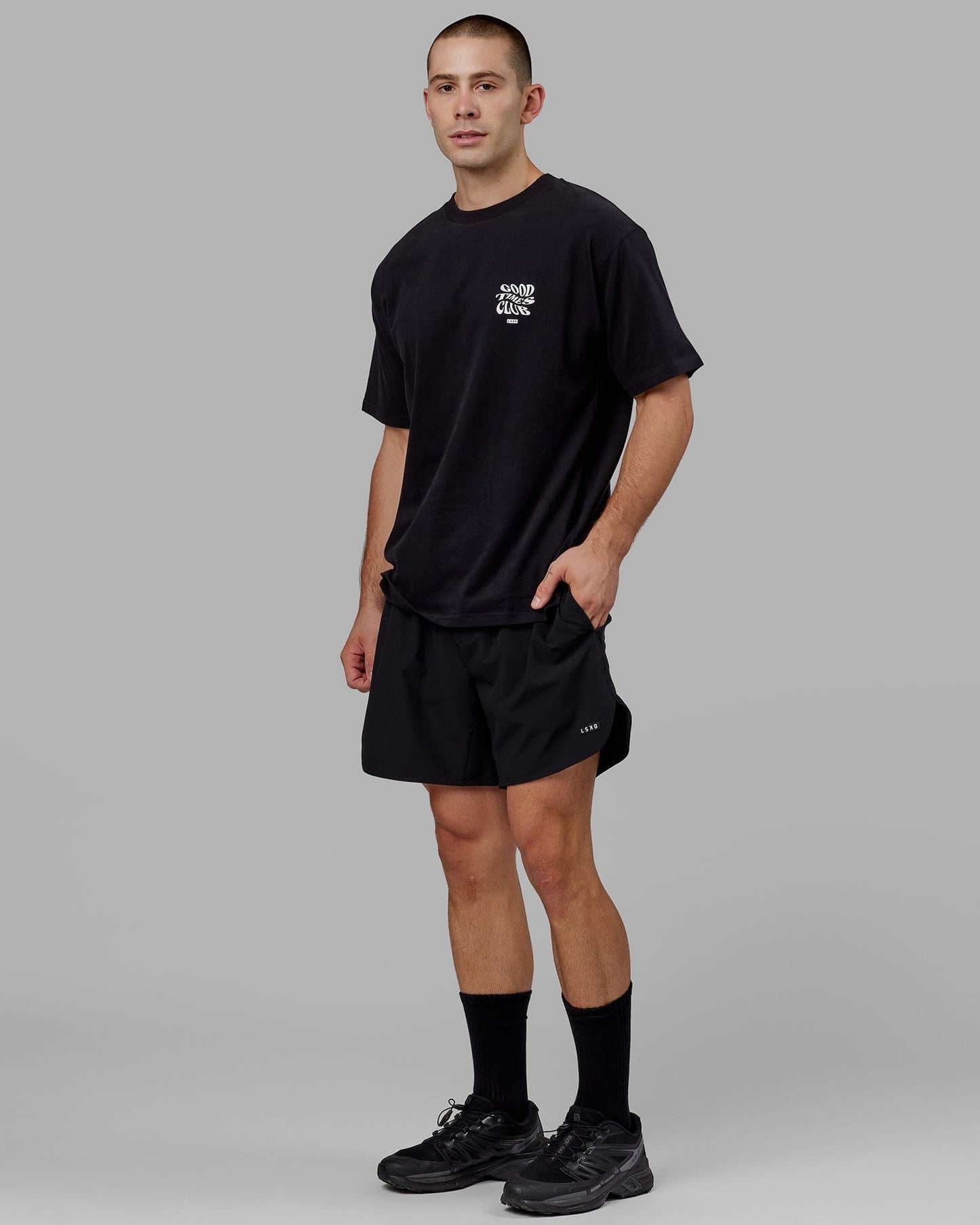 Model wearing Good Times Heavyweight Tee Oversize - Black-White