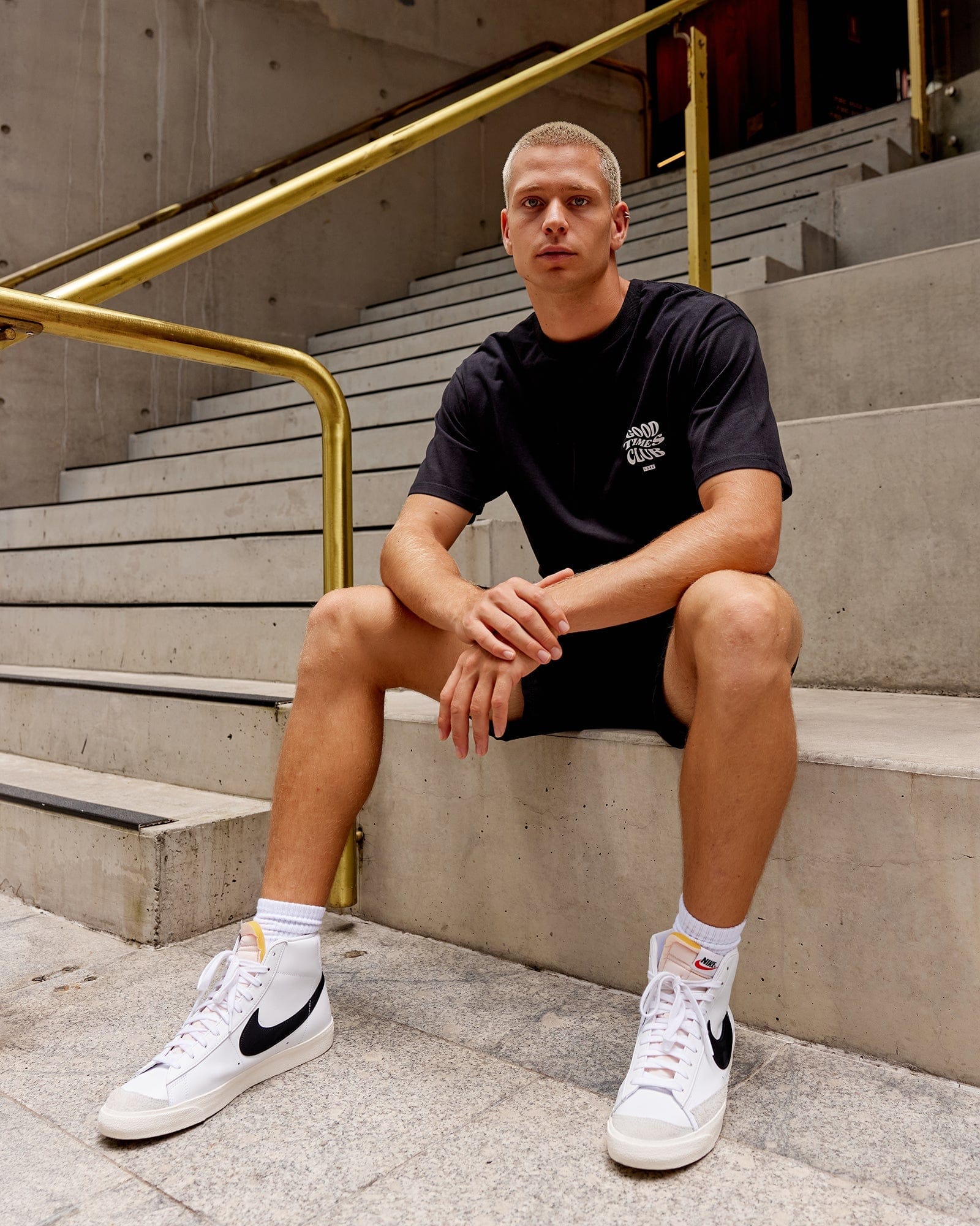 Model wearing Good Times Heavyweight Tee Oversize - Black-White